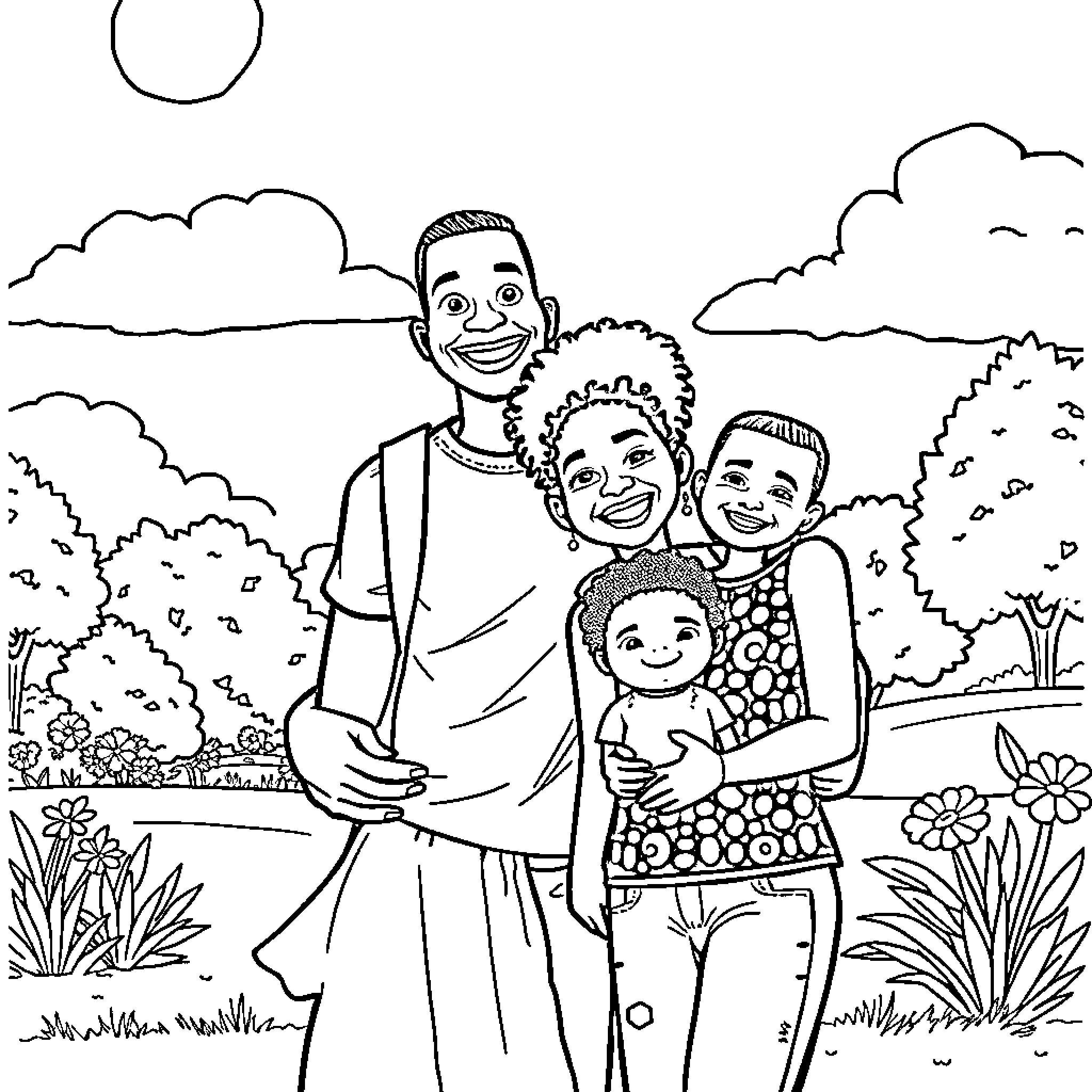 Family enjoying time together outdoors Coloring Page (free black-and-white line drawing printable PDF for all, from beginners to advanced learners, including children, teens, adults, and seniors)