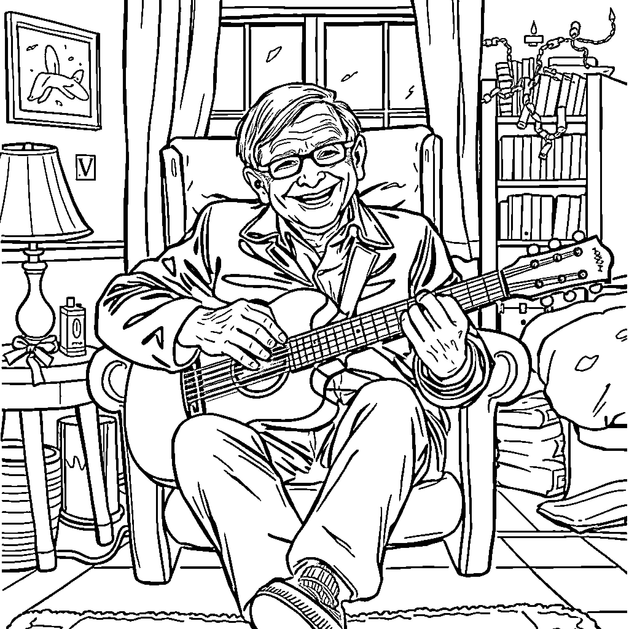 Steven Hawking playing guitar in his study Coloring Page (free black-and-white line drawing printable PDF for all, from beginners to advanced learners, including children, teens, adults, and seniors)