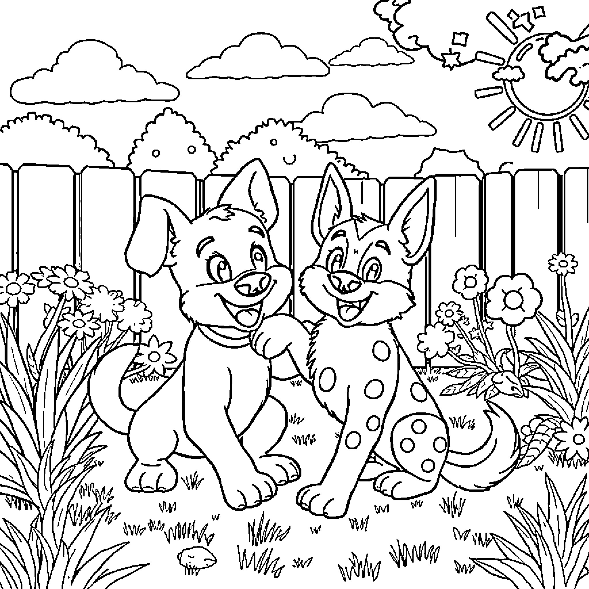 Bluey playing with friends in a whimsical garden Coloring Page (free black-and-white line drawing printable PDF for all, from beginners to advanced learners, including children, teens, adults, and seniors)