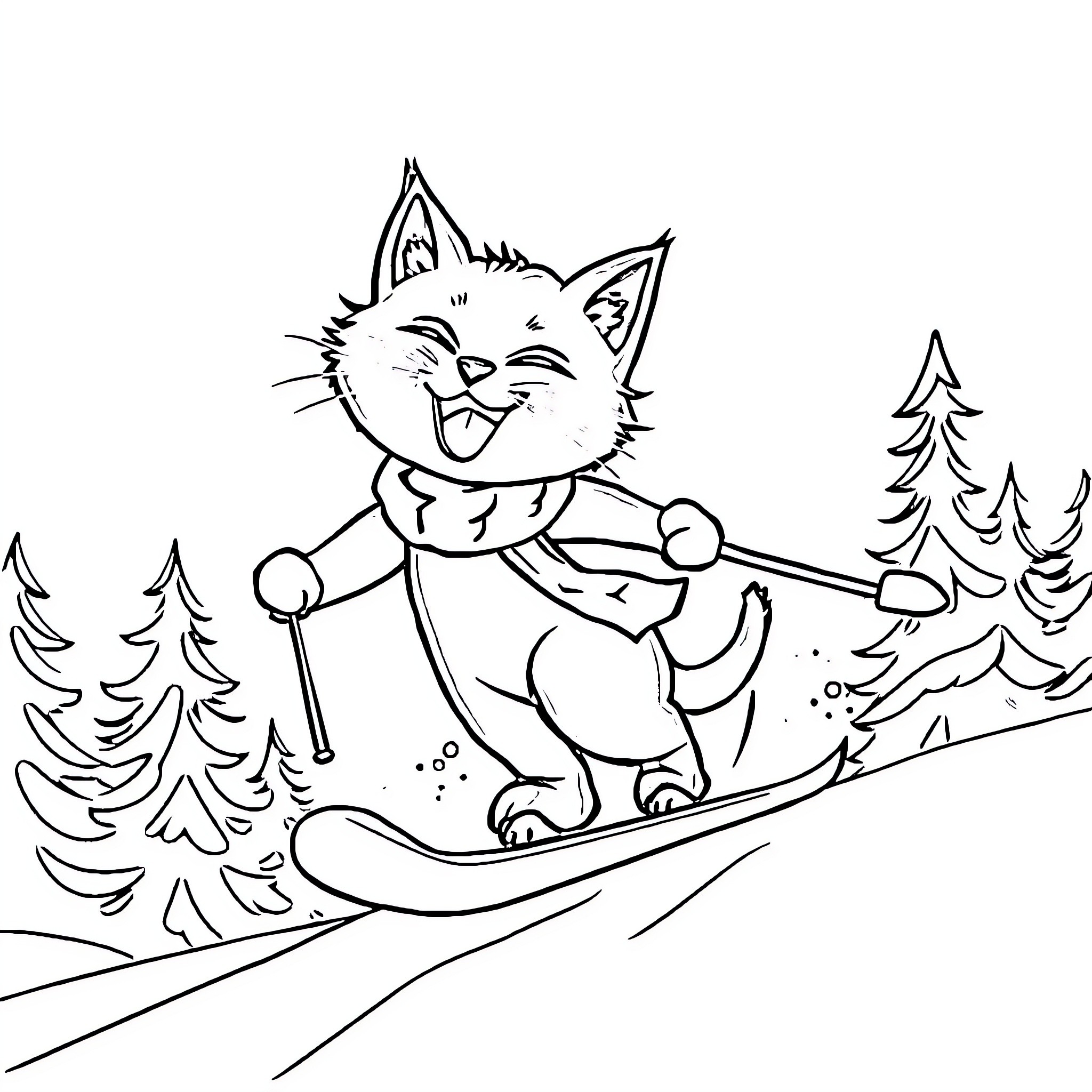 Cat skiing on the slopes Coloring Page (free black-and-white line drawing printable PDF for all, from beginners to advanced learners, including children, teens, adults, and seniors)