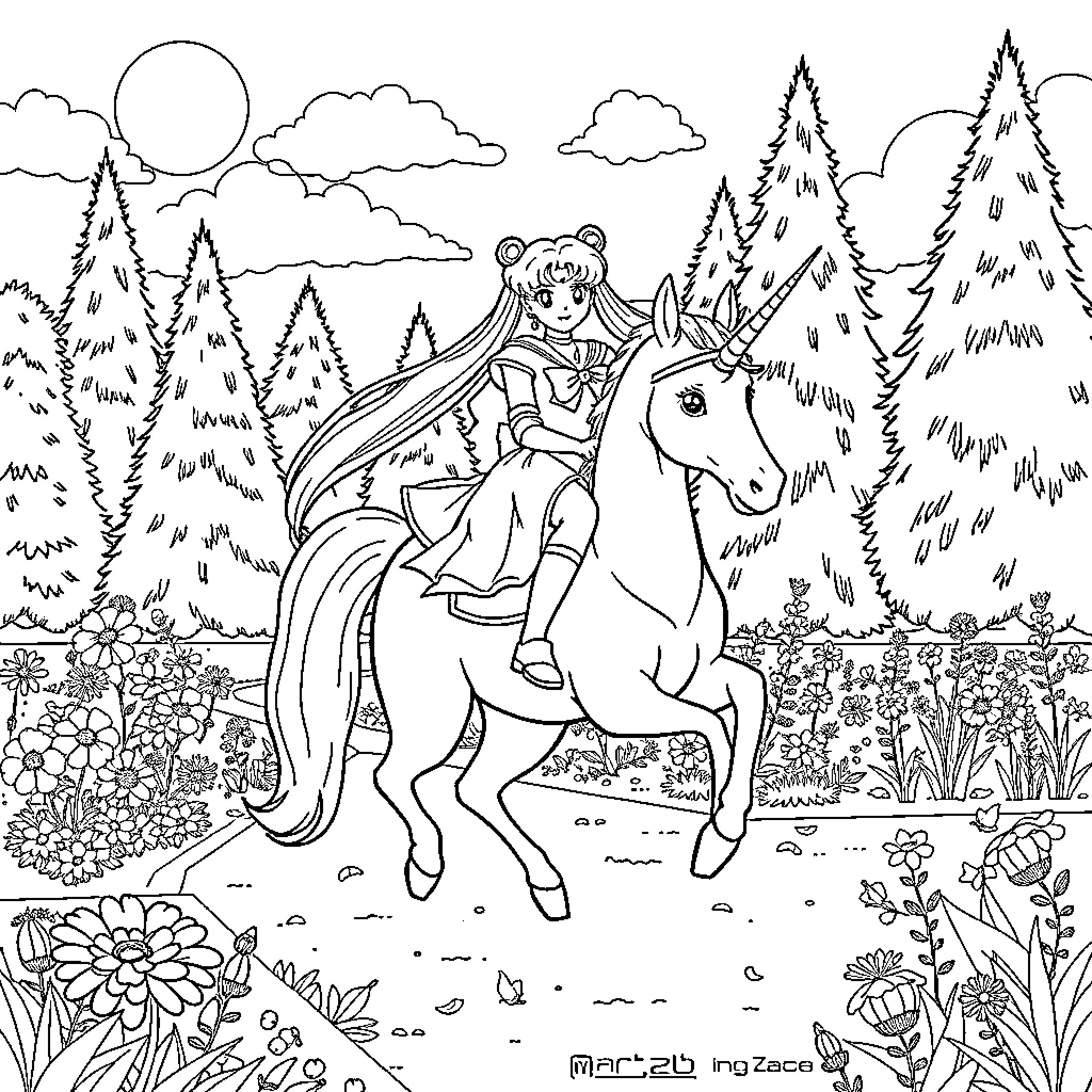 Sailor Moon riding a majestic unicorn in a serene forest Coloring Page (free black-and-white line drawing printable PDF for all, from beginners to advanced learners, including children, teens, adults, and seniors)