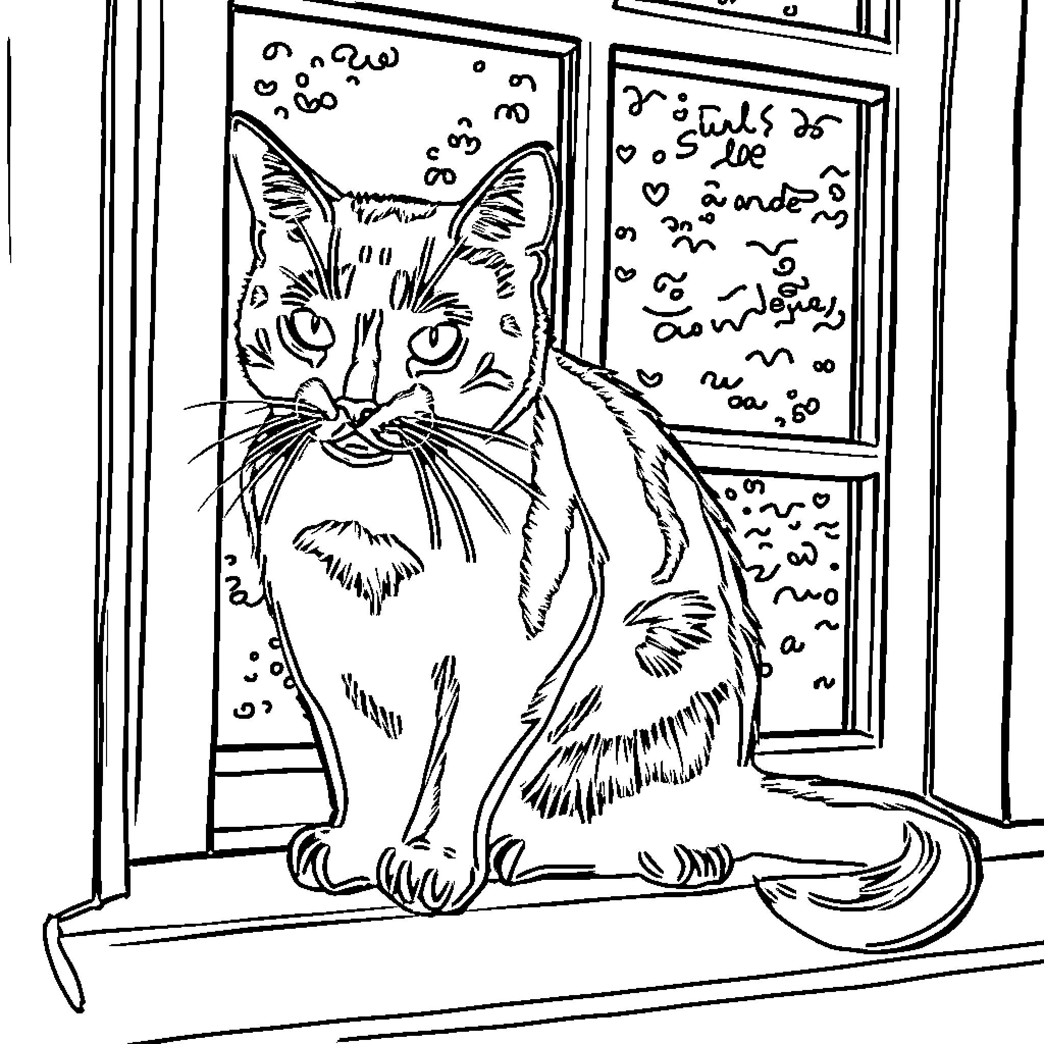 Cat staring intently through window Coloring Page (free black-and-white line drawing printable PDF for all, from beginners to advanced learners, including children, teens, adults, and seniors)