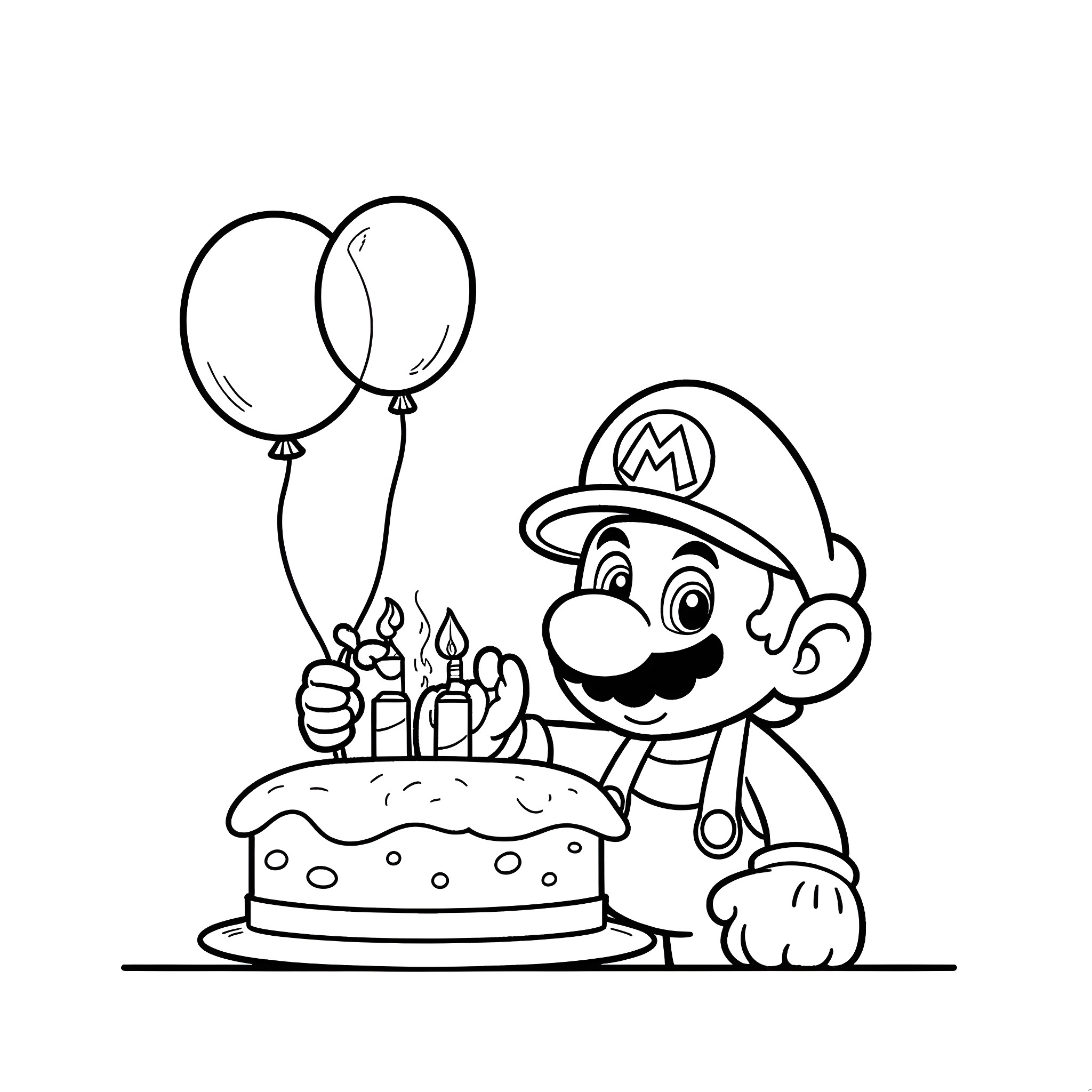 Super Mario's Birthday Celebration Coloring Page (free black-and-white line drawing printable PDF for all, from beginners to advanced learners, including children, teens, adults, and seniors)
