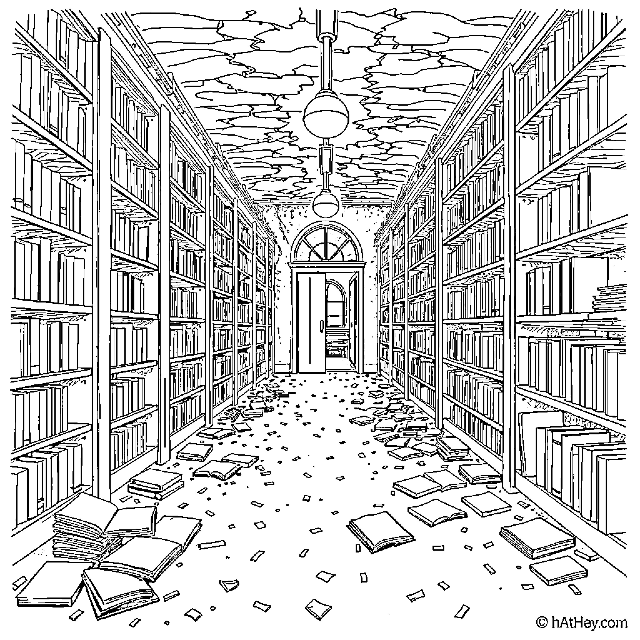 Library of Endless Shelves and Scattered Books Coloring Page (free black-and-white line drawing printable PDF for all, from beginners to advanced learners, including children, teens, adults, and seniors)