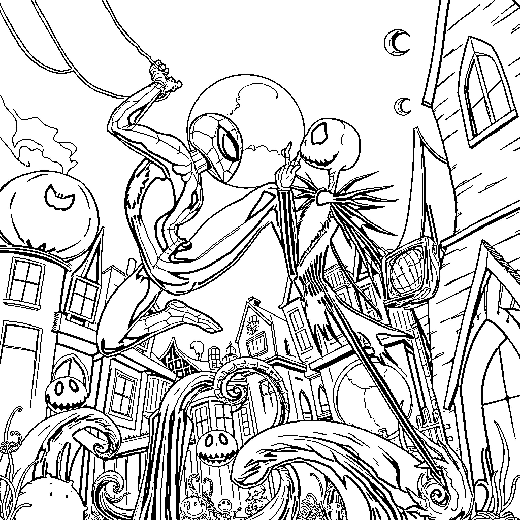 Spiderman swinging through a spooky Halloween town Coloring Page (free black-and-white line drawing printable PDF for all, from beginners to advanced learners, including children, teens, adults, and seniors)