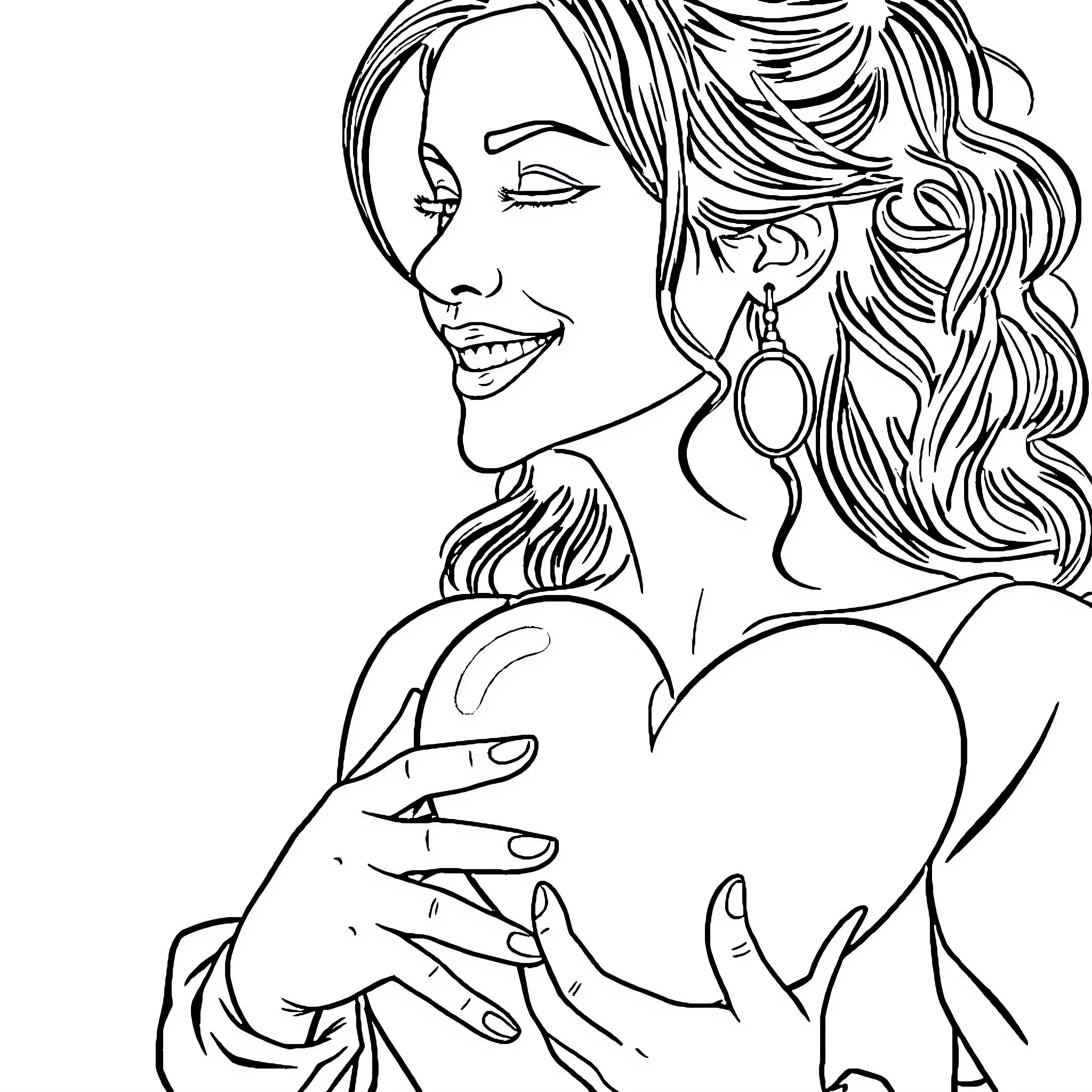 Olivia Rodrigo's Enchanting Smile and Embrace Coloring Page (free black-and-white line drawing printable PDF for all, from beginners to advanced learners, including children, teens, adults, and seniors)