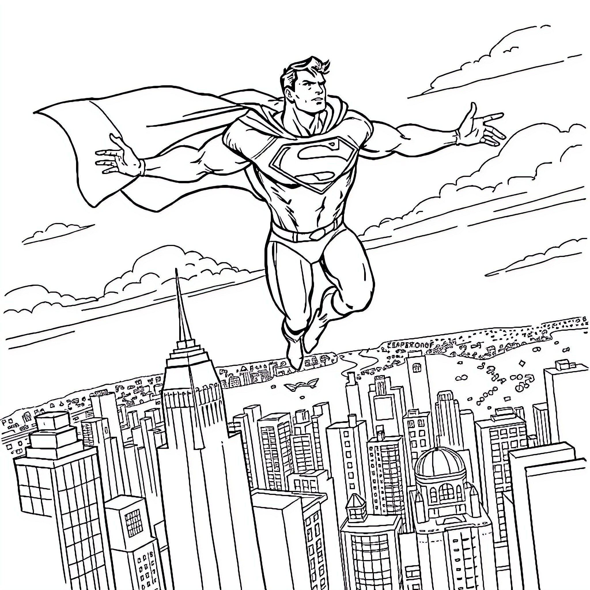 Superman soaring over the city skyline Coloring Page (free black-and-white line drawing printable PDF for all, from beginners to advanced learners, including children, teens, adults, and seniors)
