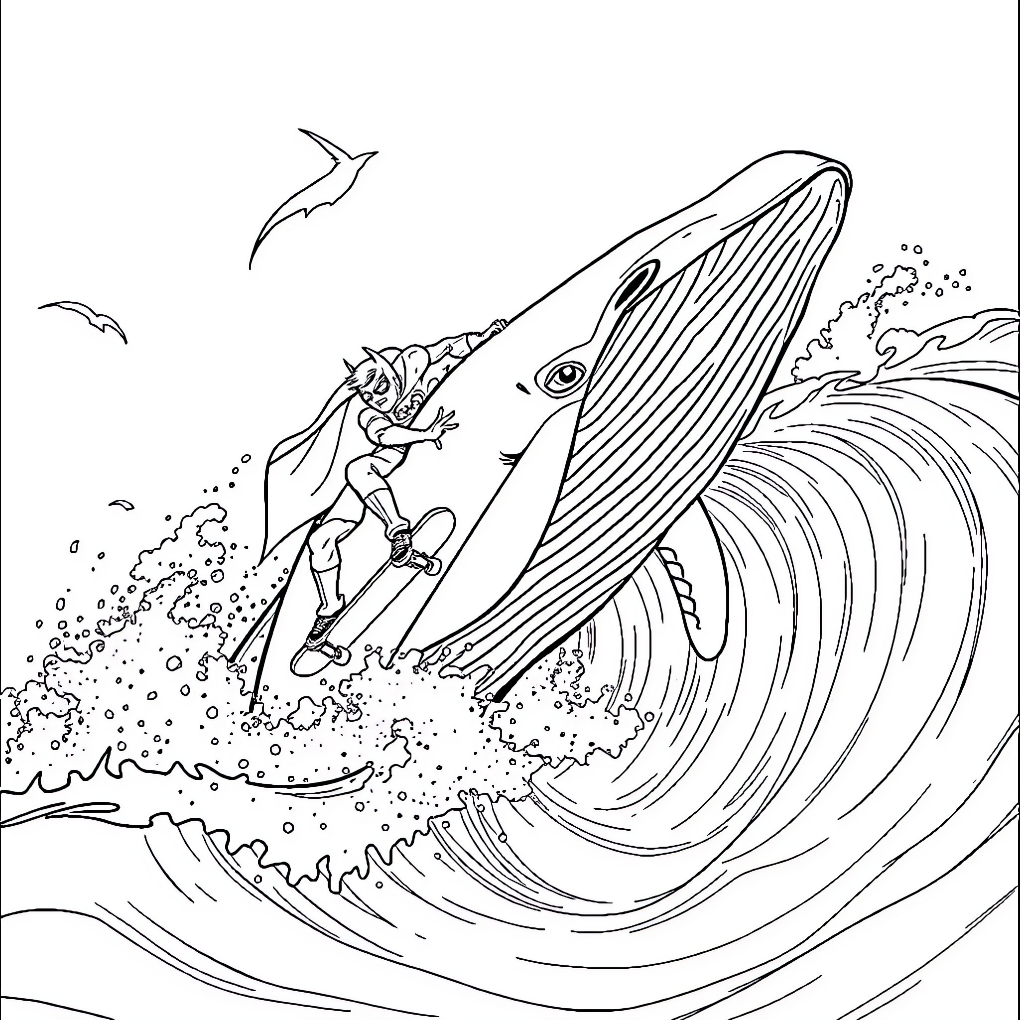 Batman surfing the massive waves Coloring Page (free black-and-white line drawing printable PDF for all, from beginners to advanced learners, including children, teens, adults, and seniors)