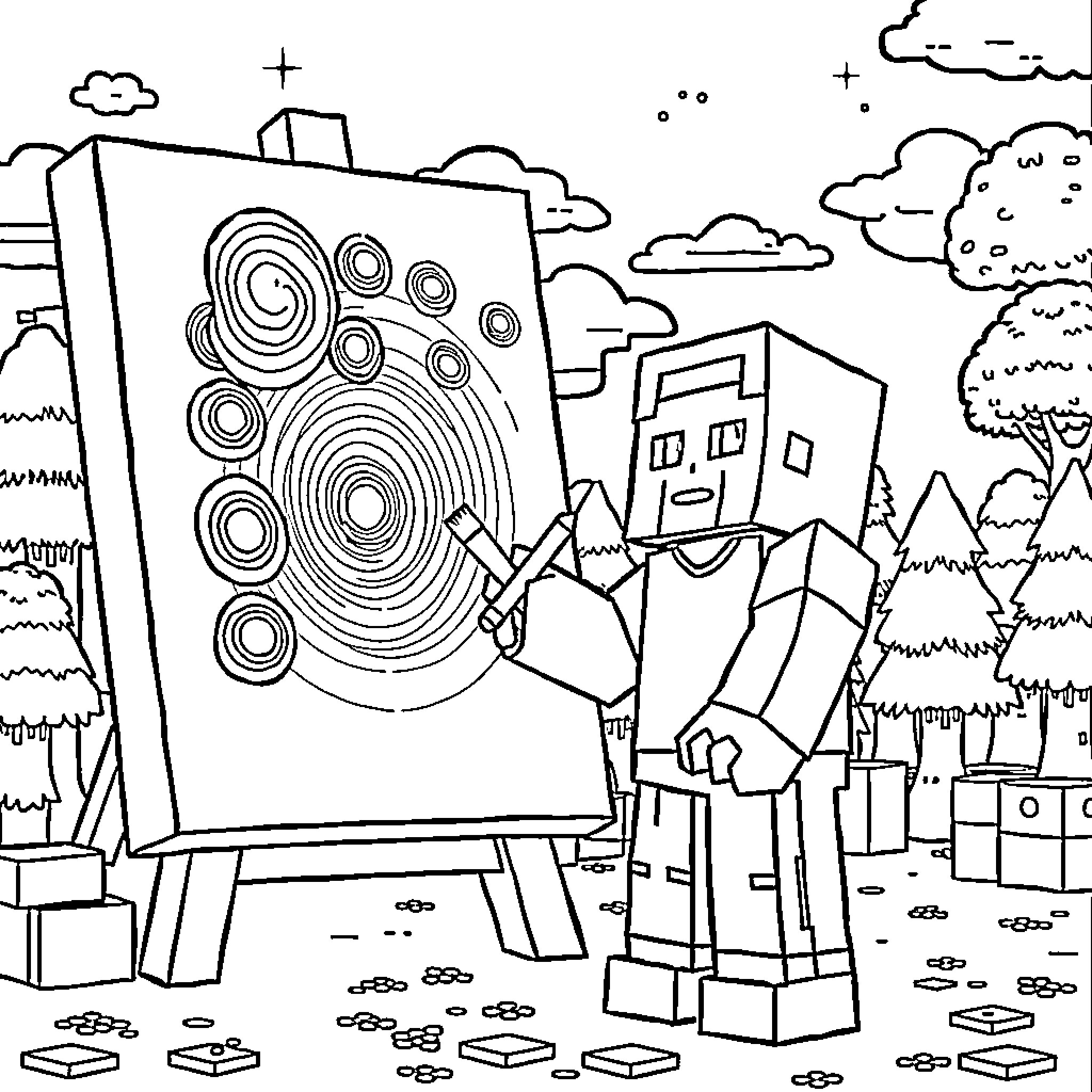 Steve's artistic expression in the city landscape Coloring Page (free black-and-white line drawing printable PDF for all, from beginners to advanced learners, including children, teens, adults, and seniors)