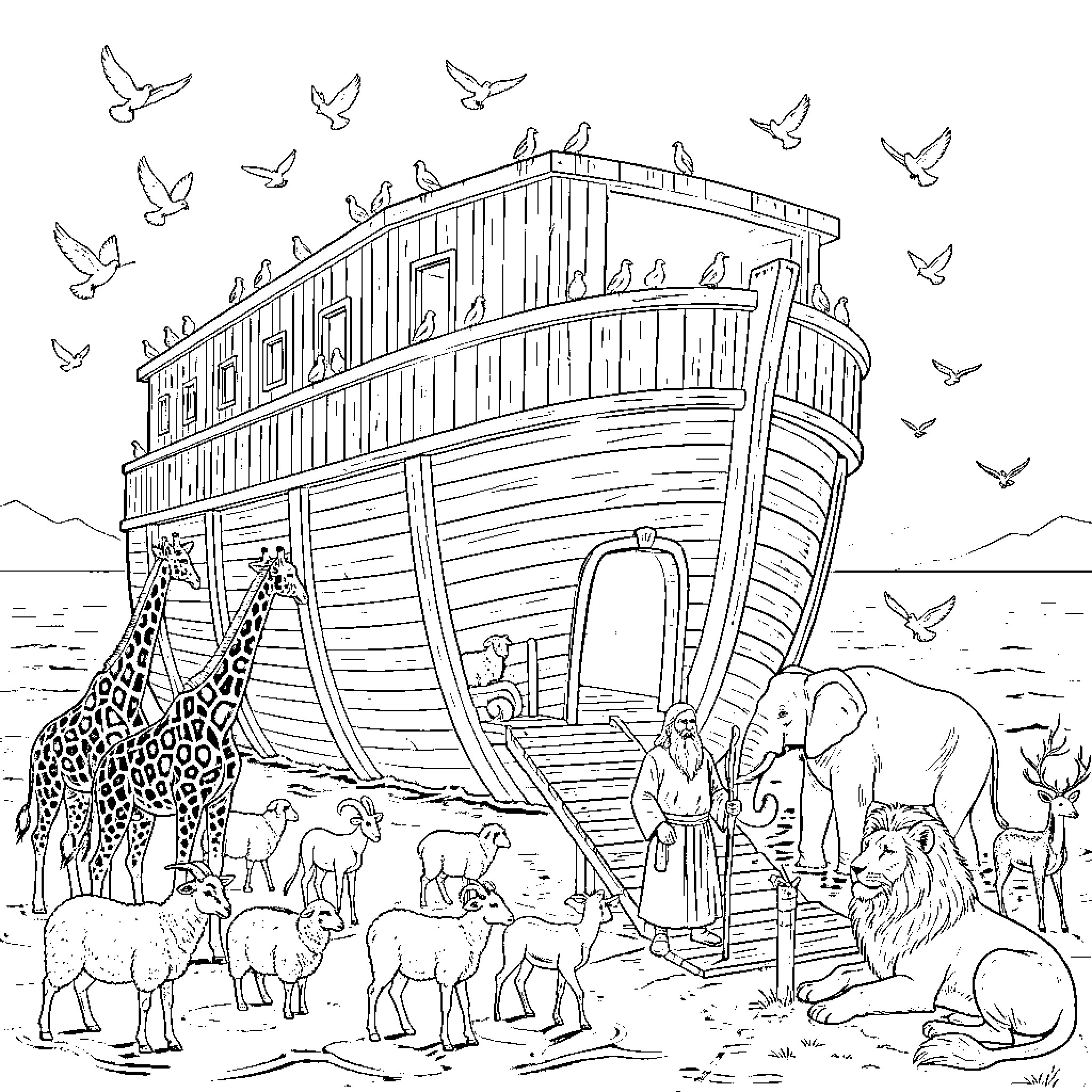 Ark of animals and birds on the shore Coloring Page (free black-and-white line drawing printable PDF for all, from beginners to advanced learners, including children, teens, adults, and seniors)