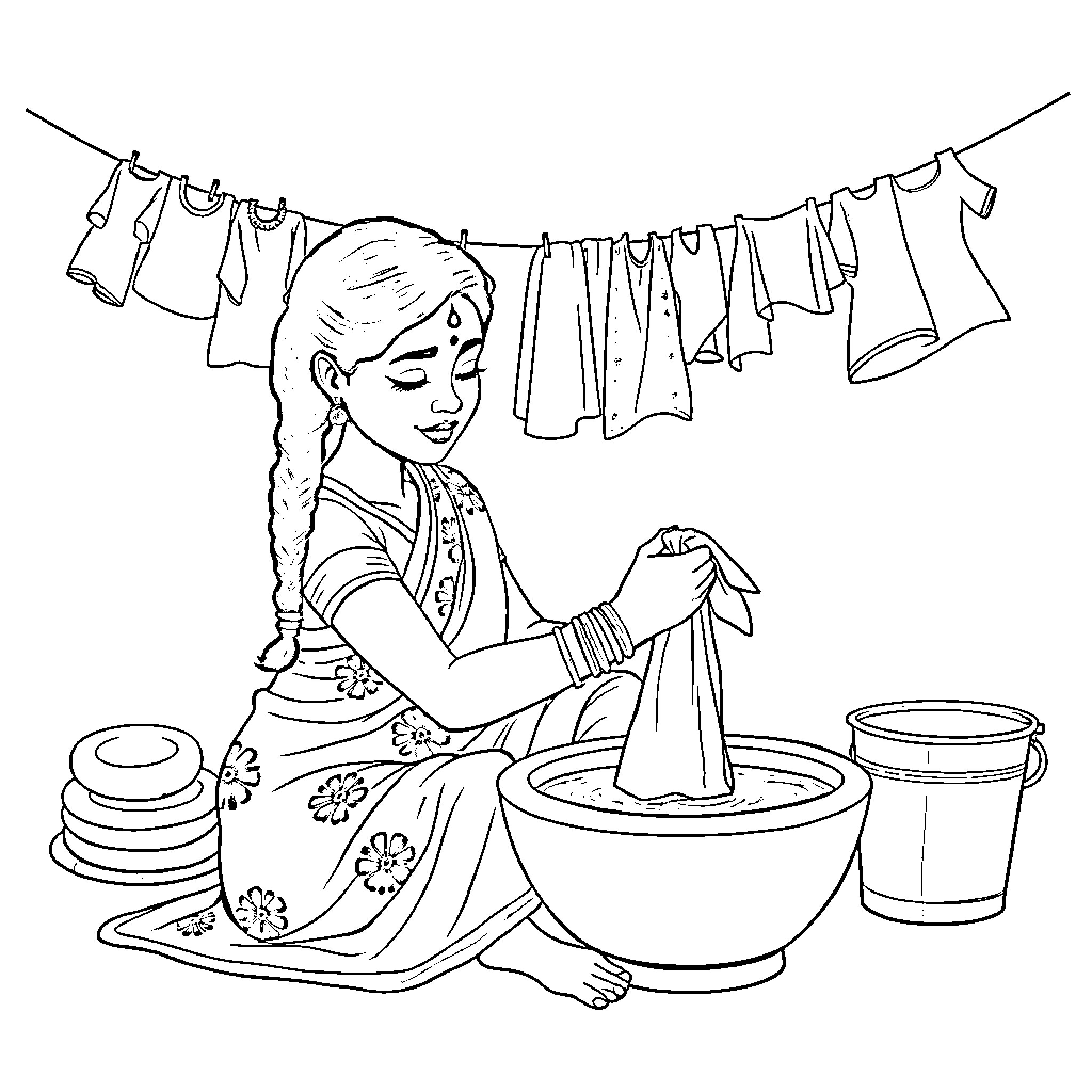 Woman Washing Clothes in Tub by Clothesline Coloring Page (free black-and-white line drawing printable PDF for all, from beginners to advanced learners, including children, teens, adults, and seniors)