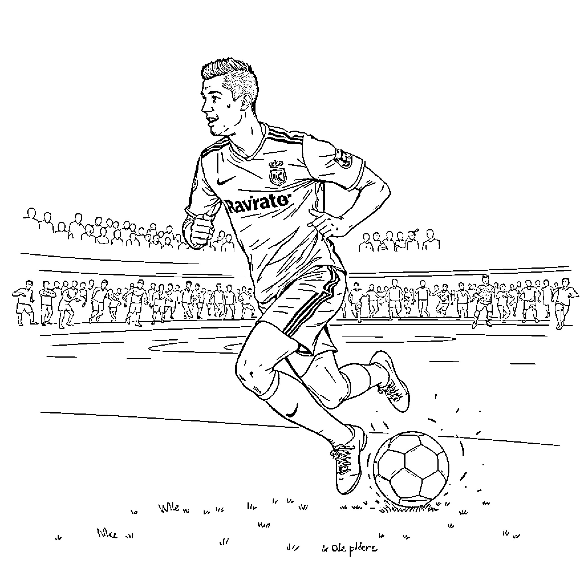 Cristiano Ronaldo playing soccer on the field Coloring Page (free black-and-white line drawing printable PDF for all, from beginners to advanced learners, including children, teens, adults, and seniors)