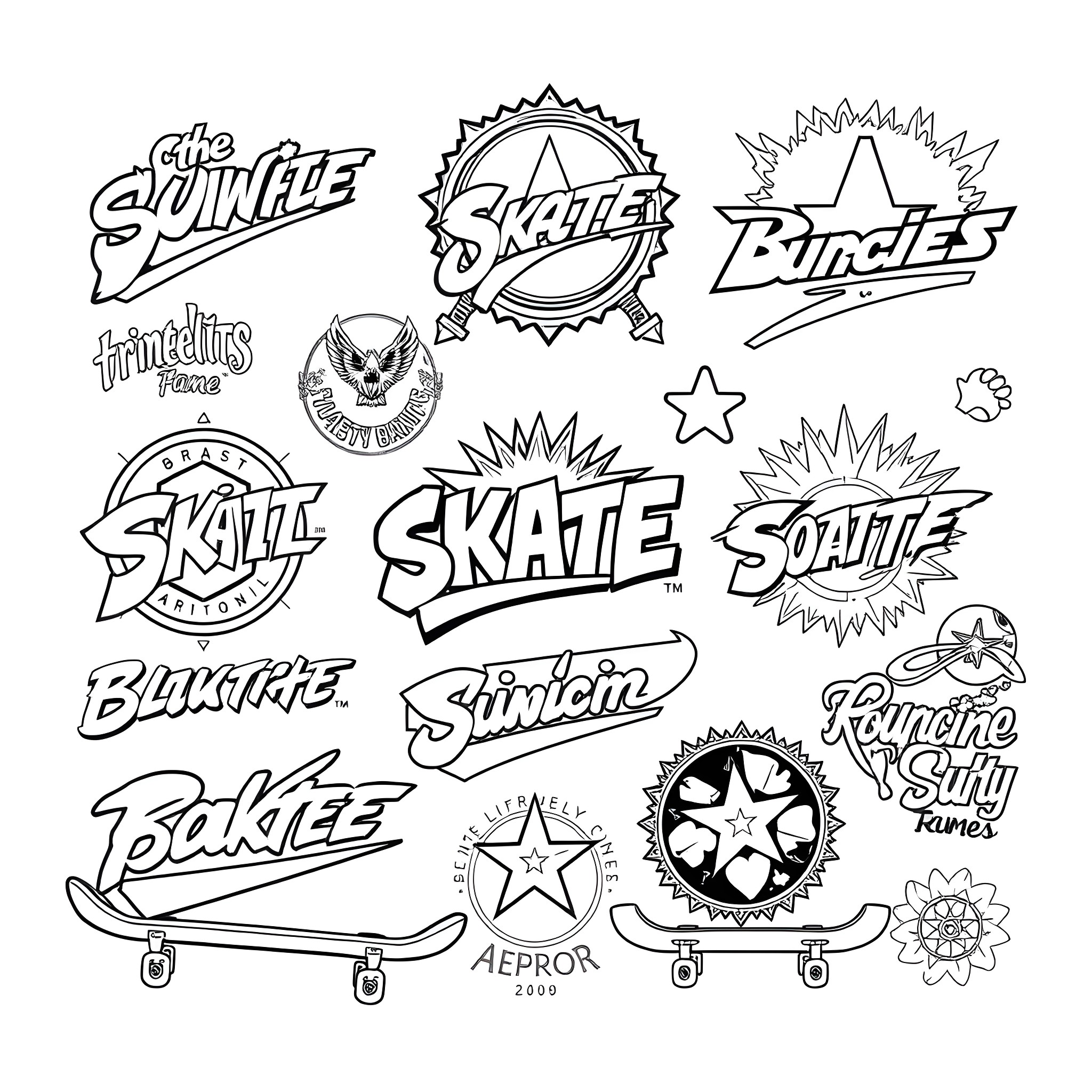 Skateboard Logo Designs with Various Stylized Text and Graphics Coloring Page (free black-and-white line drawing printable PDF for all, from beginners to advanced learners, including children, teens, adults, and seniors)
