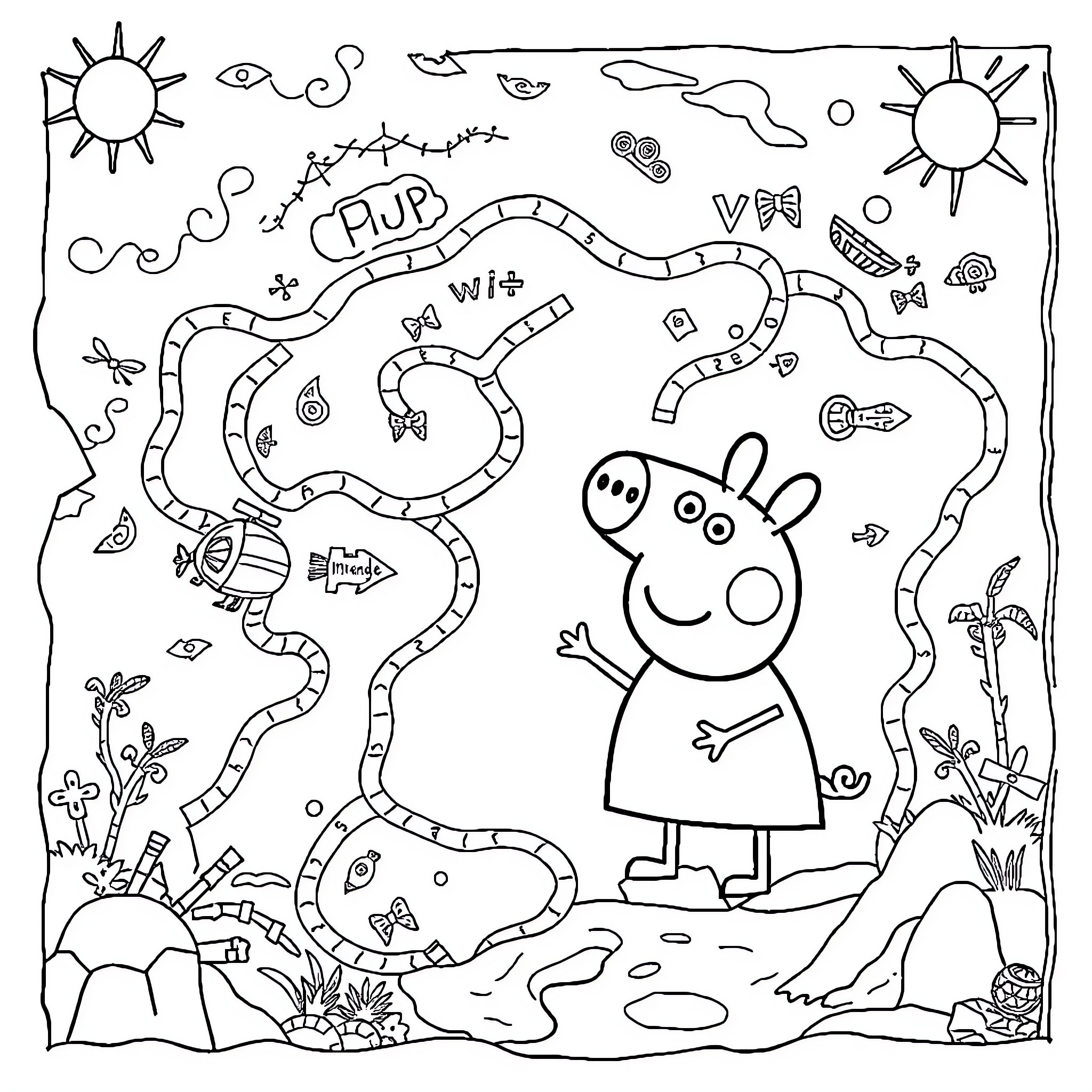 Peppa Pig's Adventure in the Outdoors Coloring Page (free black-and-white line drawing printable PDF for all, from beginners to advanced learners, including children, teens, adults, and seniors)