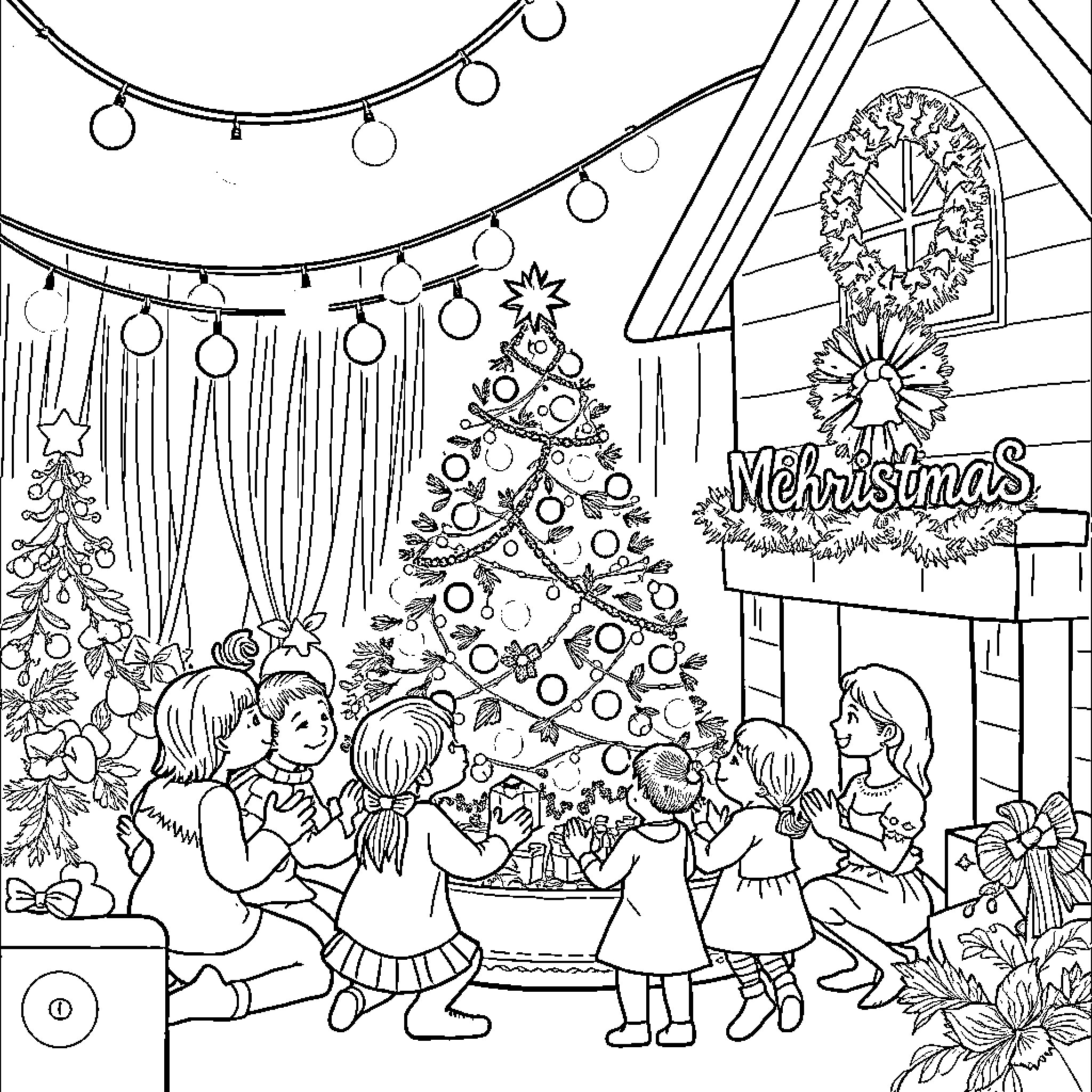 Christmas family enjoying festive decorations and tree Coloring Page (free black-and-white line drawing printable PDF for all, from beginners to advanced learners, including children, teens, adults, and seniors)