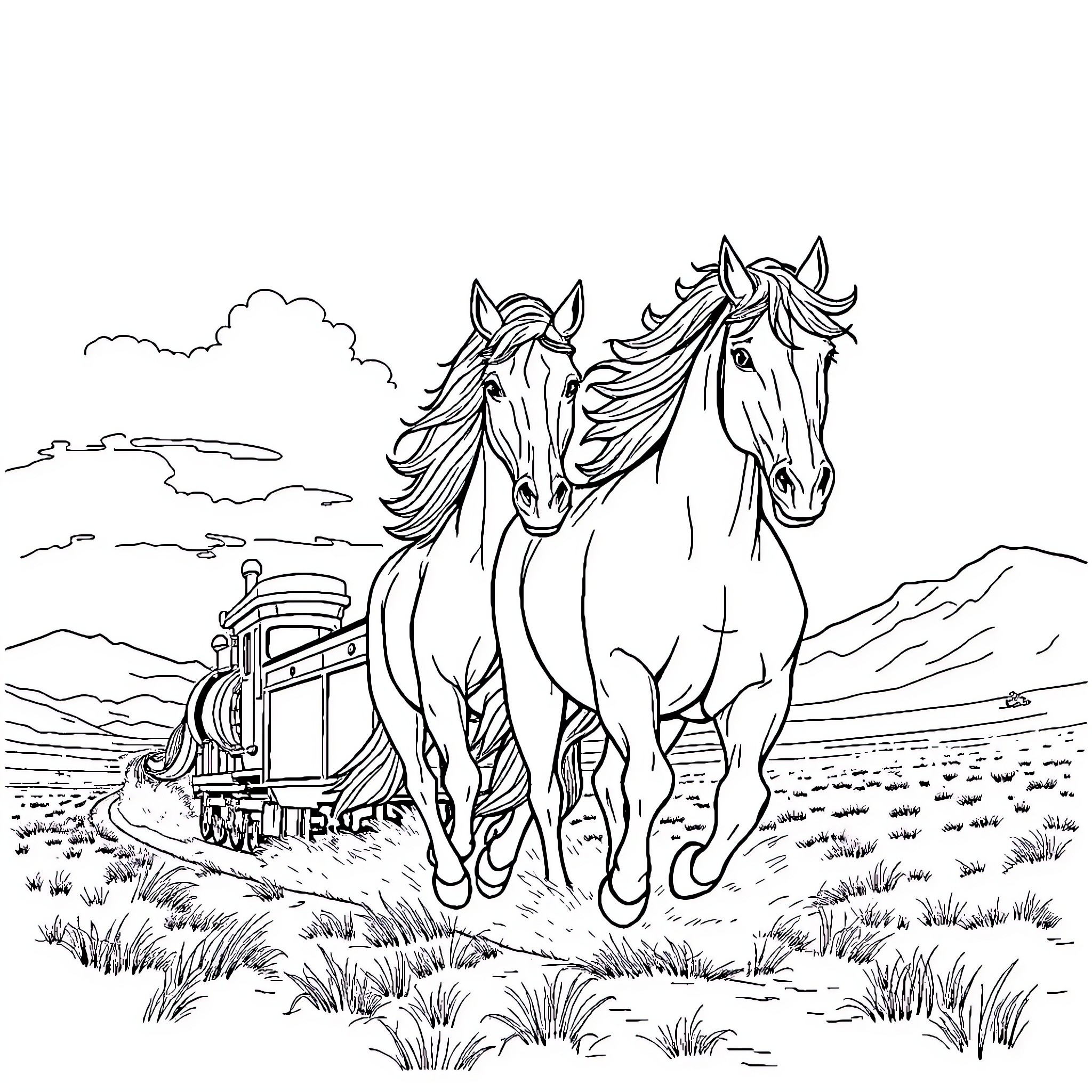 Spirit of wild horses galloping through the prairie Coloring Page (free black-and-white line drawing printable PDF for all, from beginners to advanced learners, including children, teens, adults, and seniors)