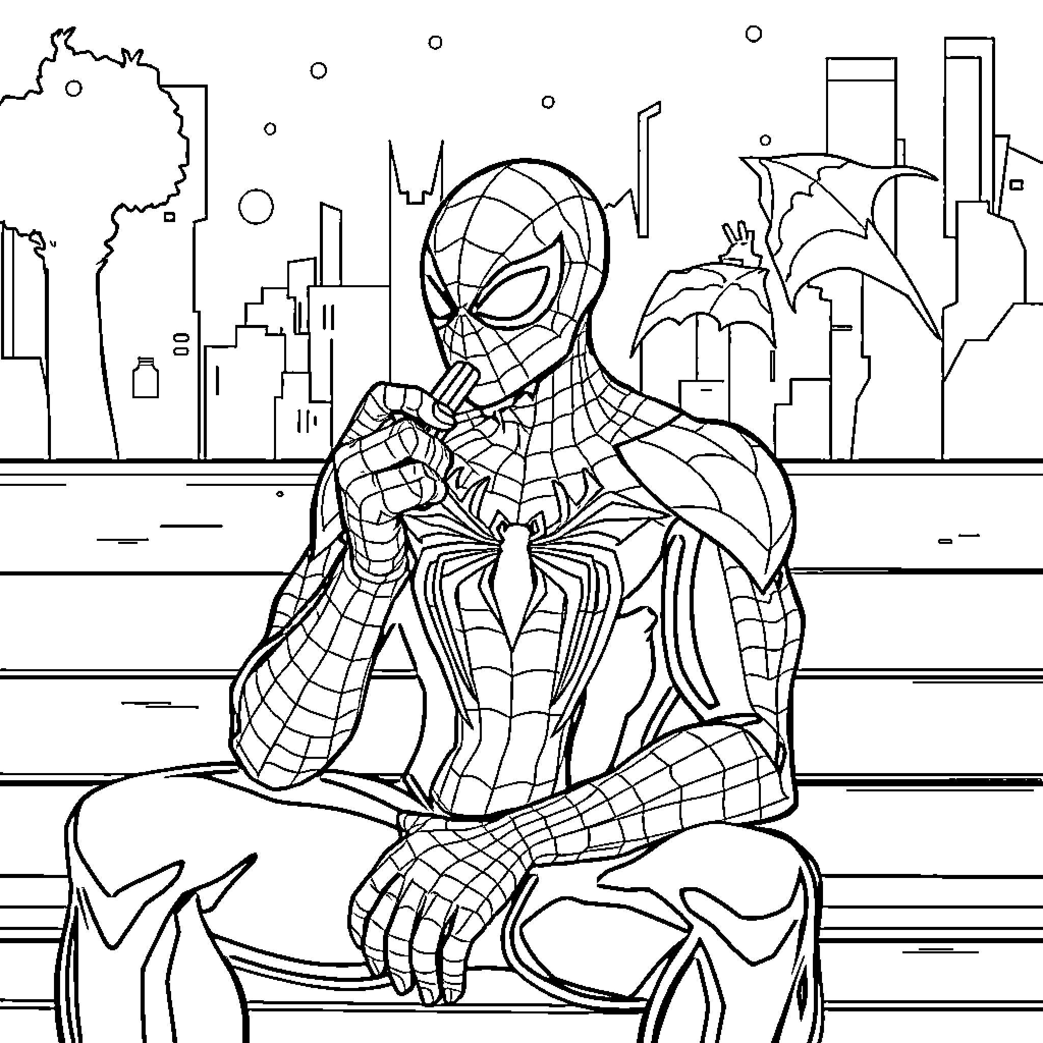 Spiderman overlooking the city skyline Coloring Page (free black-and-white line drawing printable PDF for all, from beginners to advanced learners, including children, teens, adults, and seniors)