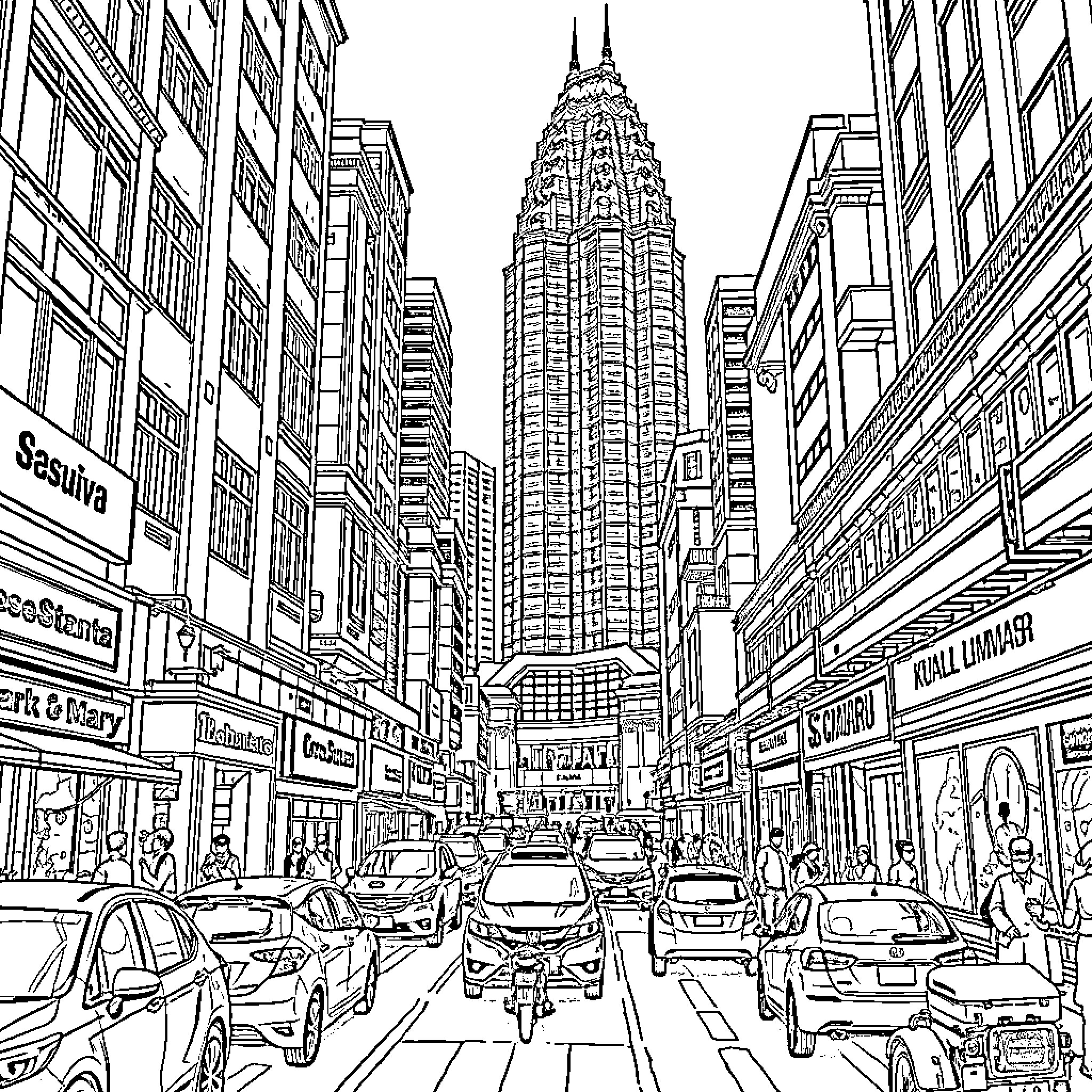 Kuala Lumpur's Vibrant Cityscape with Towering Skyscrapers Coloring Page (free black-and-white line drawing printable PDF for all, from beginners to advanced learners, including children, teens, adults, and seniors)