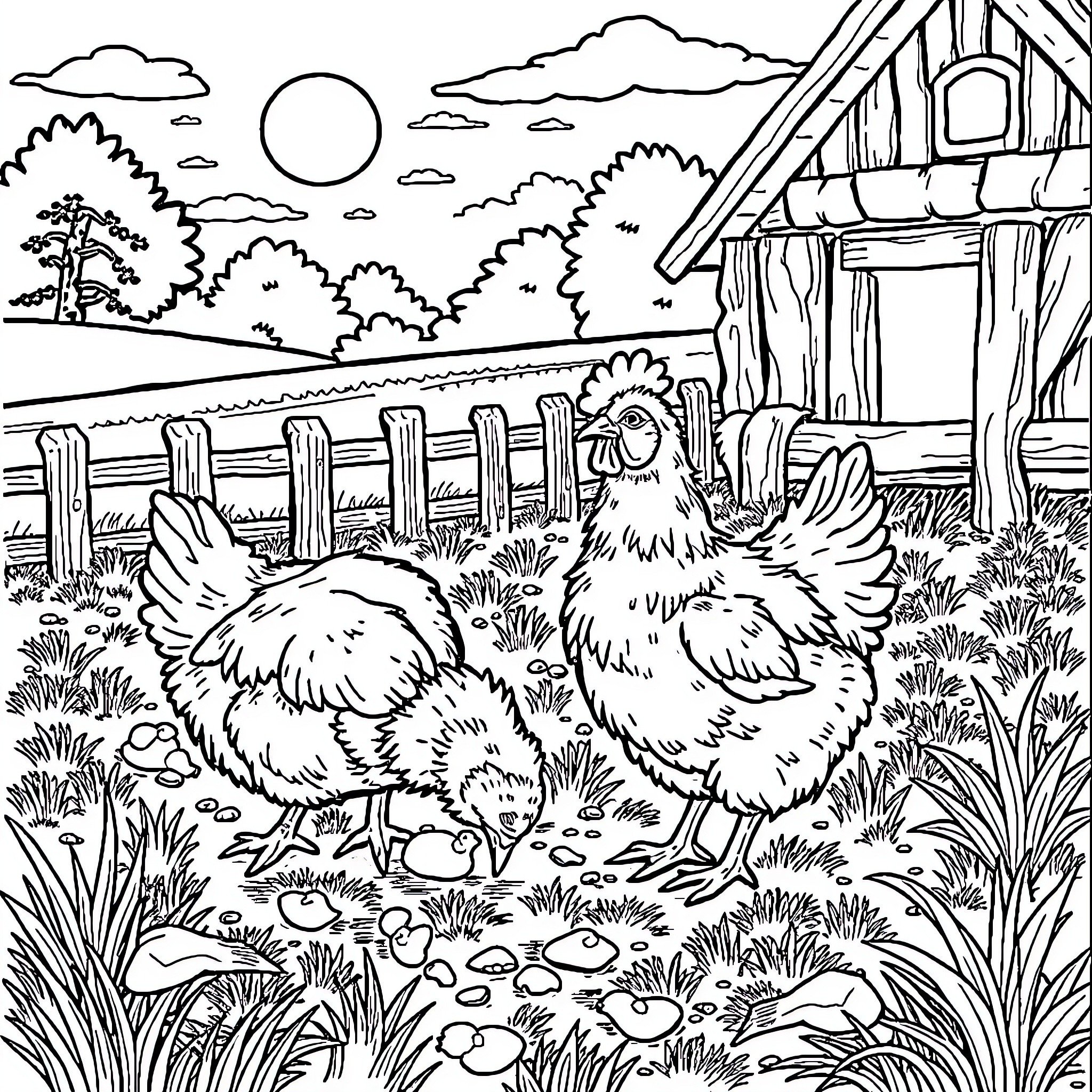 Chickens roaming freely in a rural farmyard Coloring Page (free black-and-white line drawing printable PDF for all, from beginners to advanced learners, including children, teens, adults, and seniors)