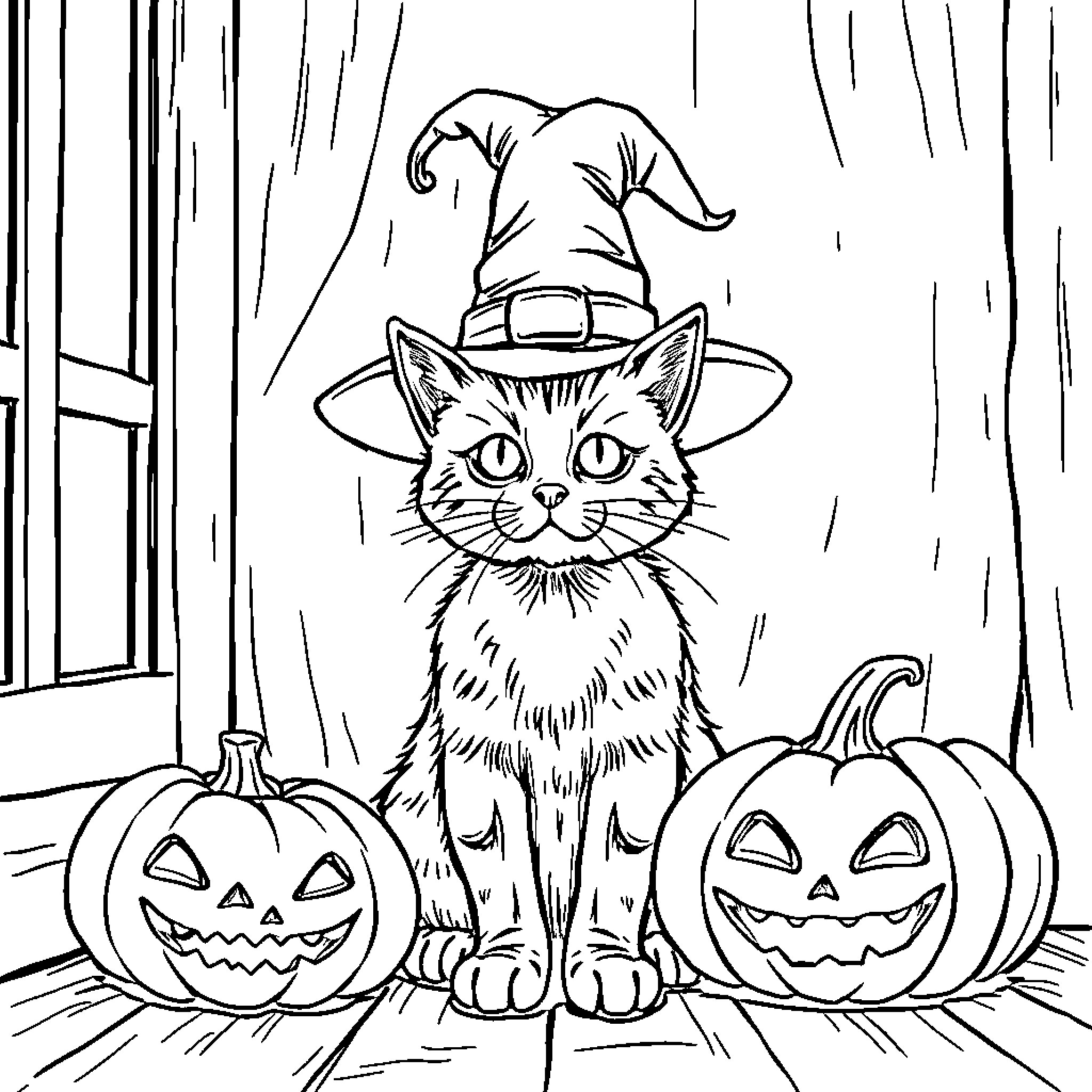 Cat in Witch's Hat with Halloween Pumpkins Coloring Page (free black-and-white line drawing printable PDF for all, from beginners to advanced learners, including children, teens, adults, and seniors)