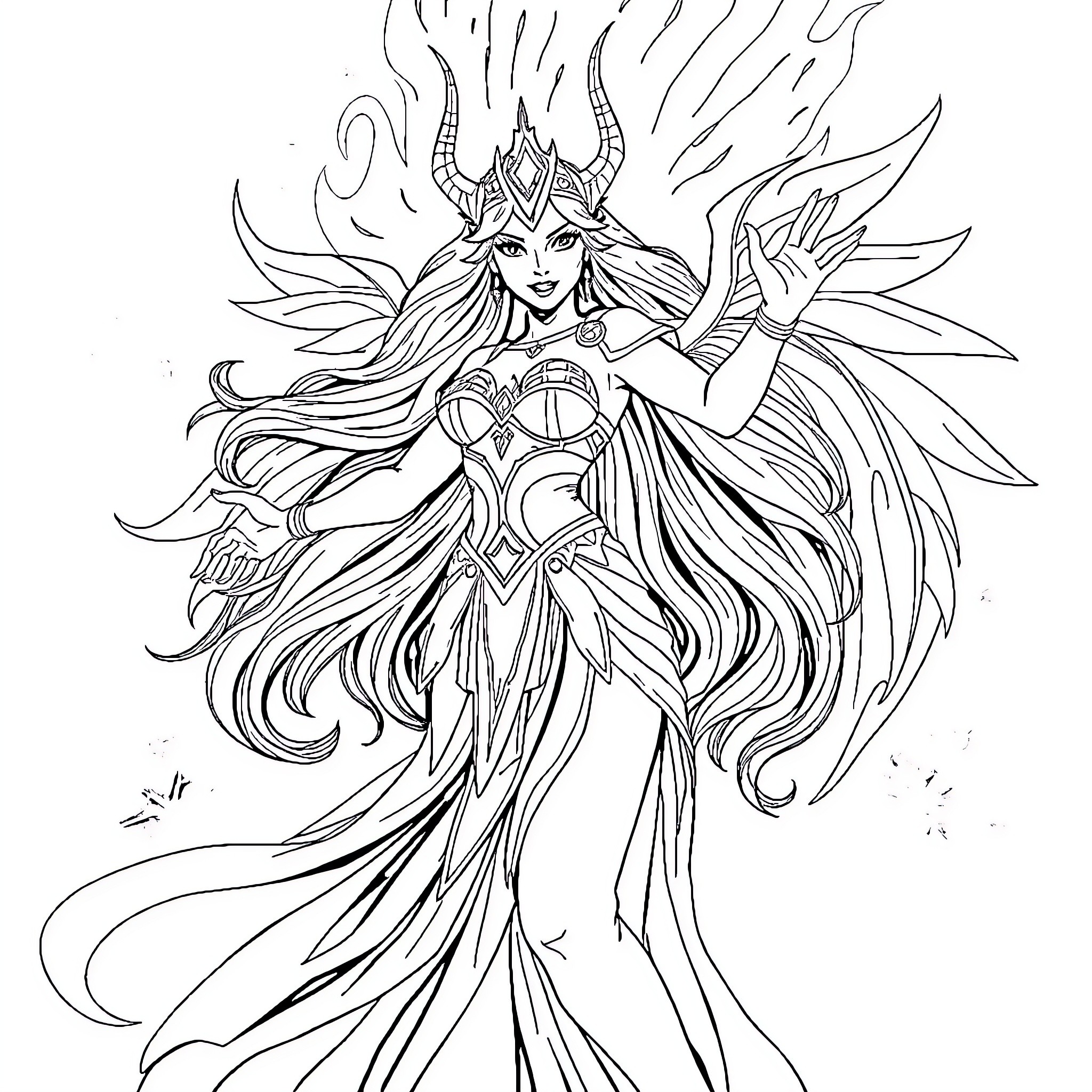 She-Ra in Majestic Warrior Pose Coloring Page (free black-and-white line drawing printable PDF for all, from beginners to advanced learners, including children, teens, adults, and seniors)