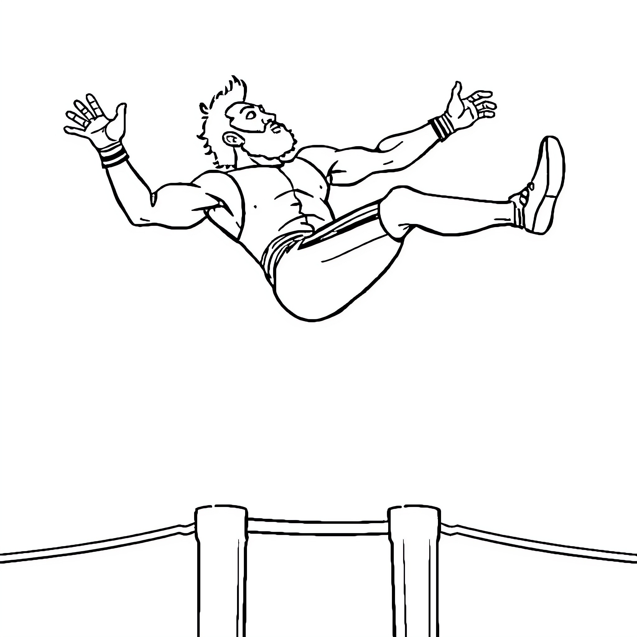Jey Uso soaring high above the ring Coloring Page (free black-and-white line drawing printable PDF for all, from beginners to advanced learners, including children, teens, adults, and seniors)