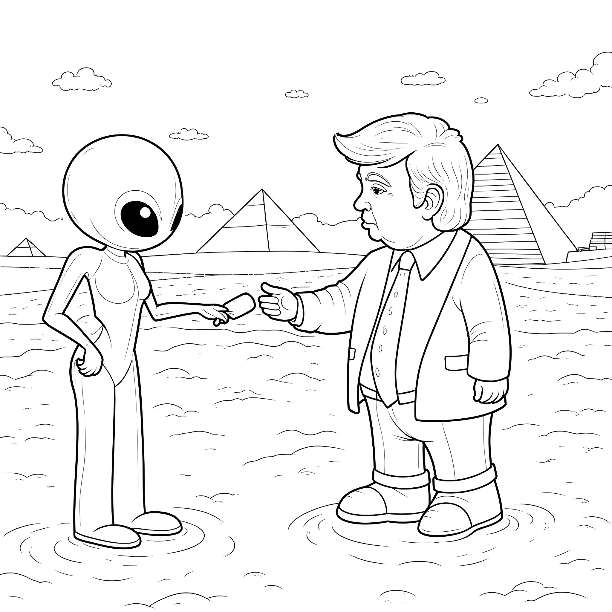 Donald Trump Shaking Hands with Alien in Desert Landscape Coloring Page (free black-and-white line drawing printable PDF for all, from beginners to advanced learners, including children, teens, adults, and seniors)