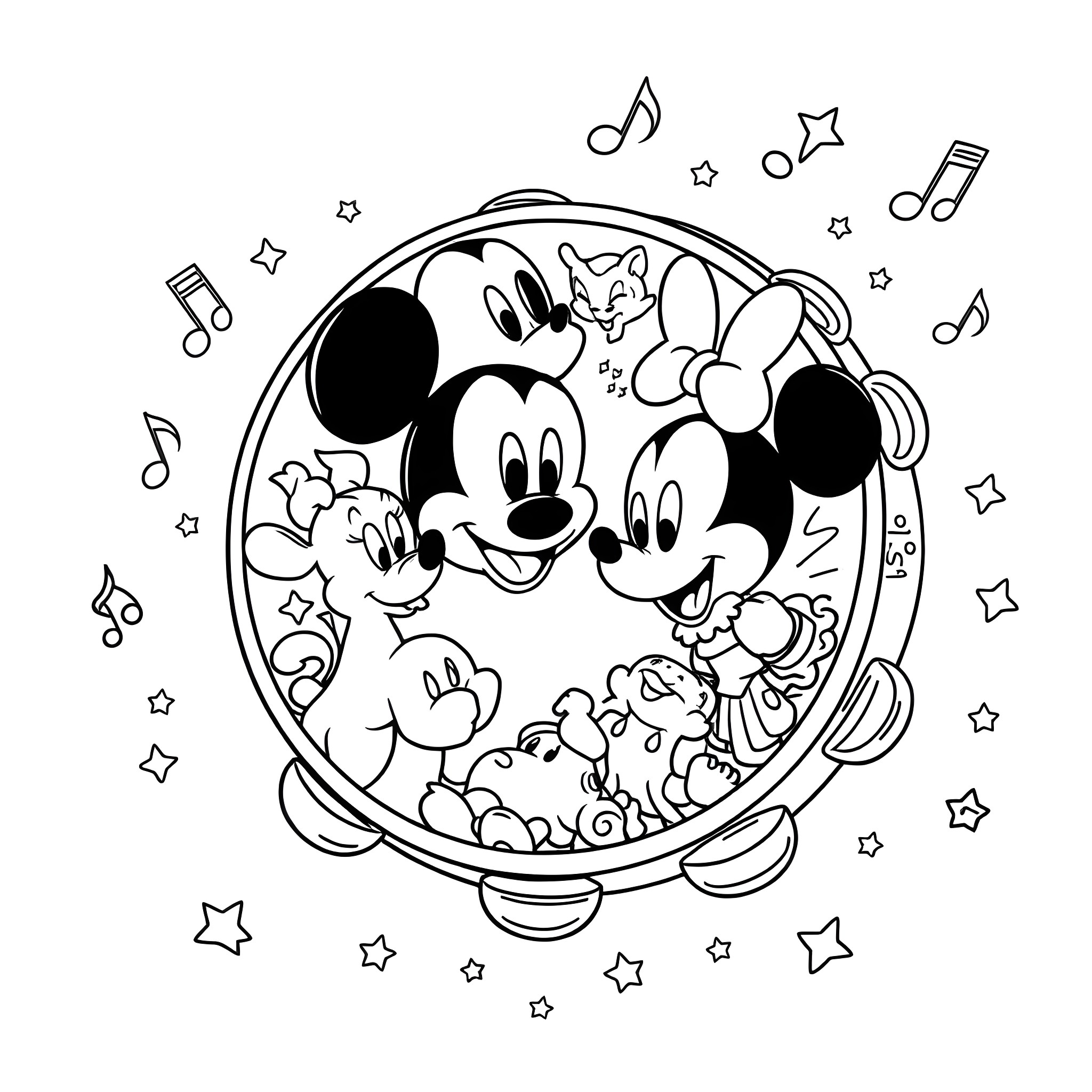 Tambourine with dancing Disney characters Coloring Page (free black-and-white line drawing printable PDF for all, from beginners to advanced learners, including children, teens, adults, and seniors)