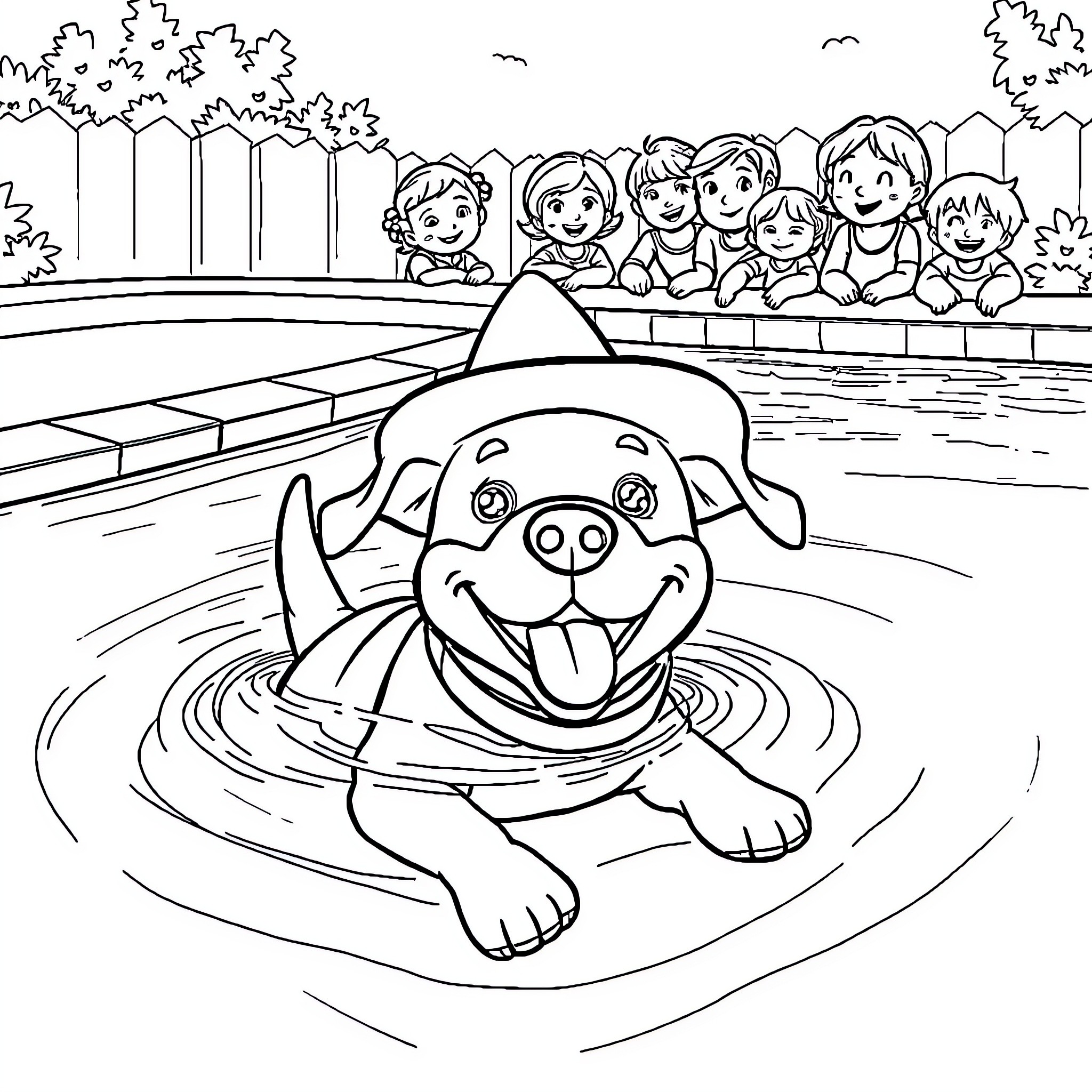 Dog playing in the pool with kids Coloring Page (free black-and-white line drawing printable PDF for all, from beginners to advanced learners, including children, teens, adults, and seniors)