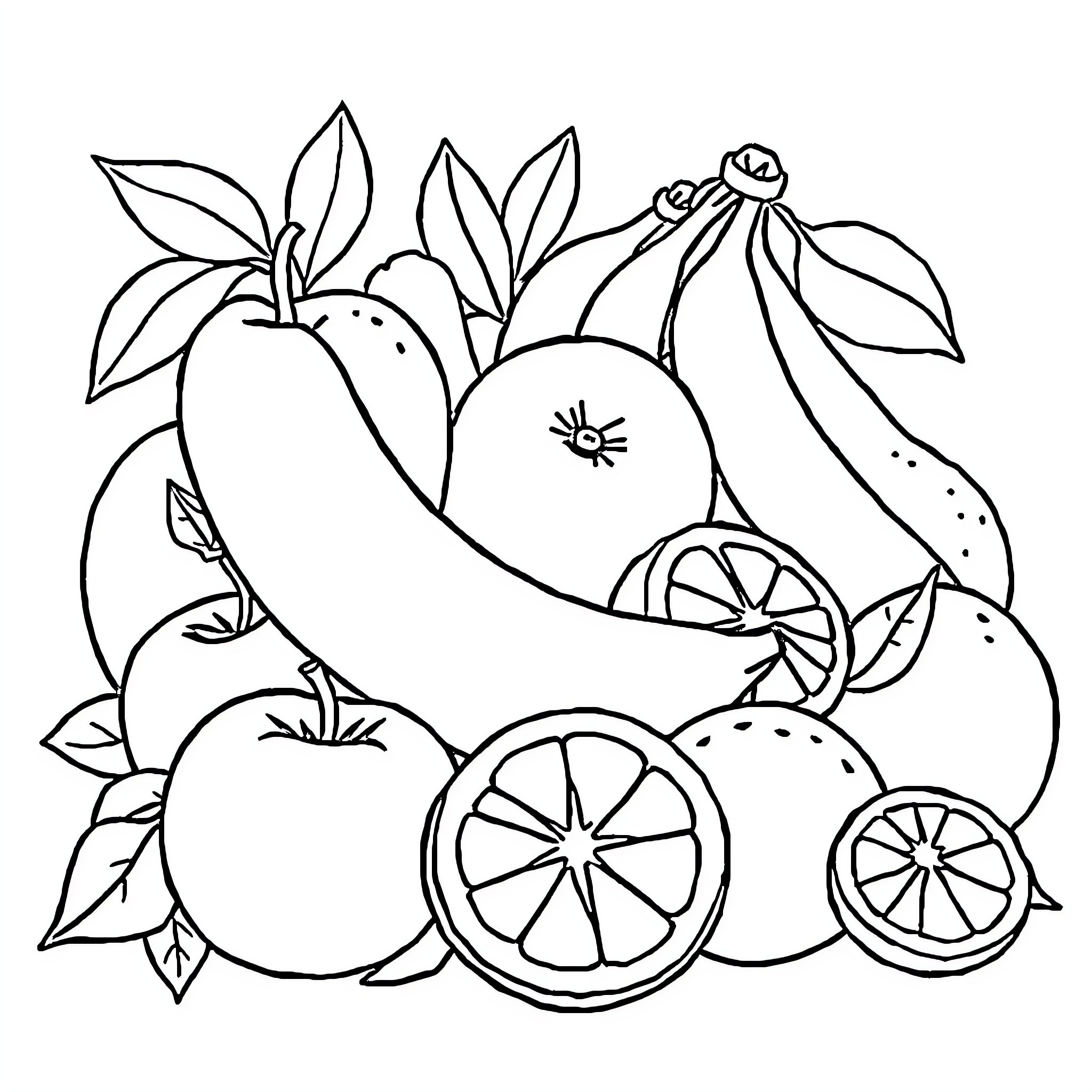 Fruit in Artistic Arrangement Coloring Page (free black-and-white line drawing printable PDF for all, from beginners to advanced learners, including children, teens, adults, and seniors)