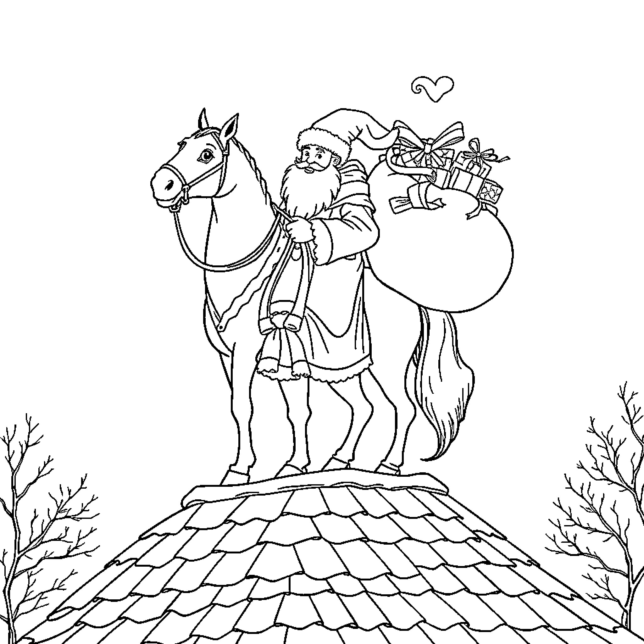Sinterklaas riding a horse and delivering gifts Coloring Page (free black-and-white line drawing printable PDF for all, from beginners to advanced learners, including children, teens, adults, and seniors)