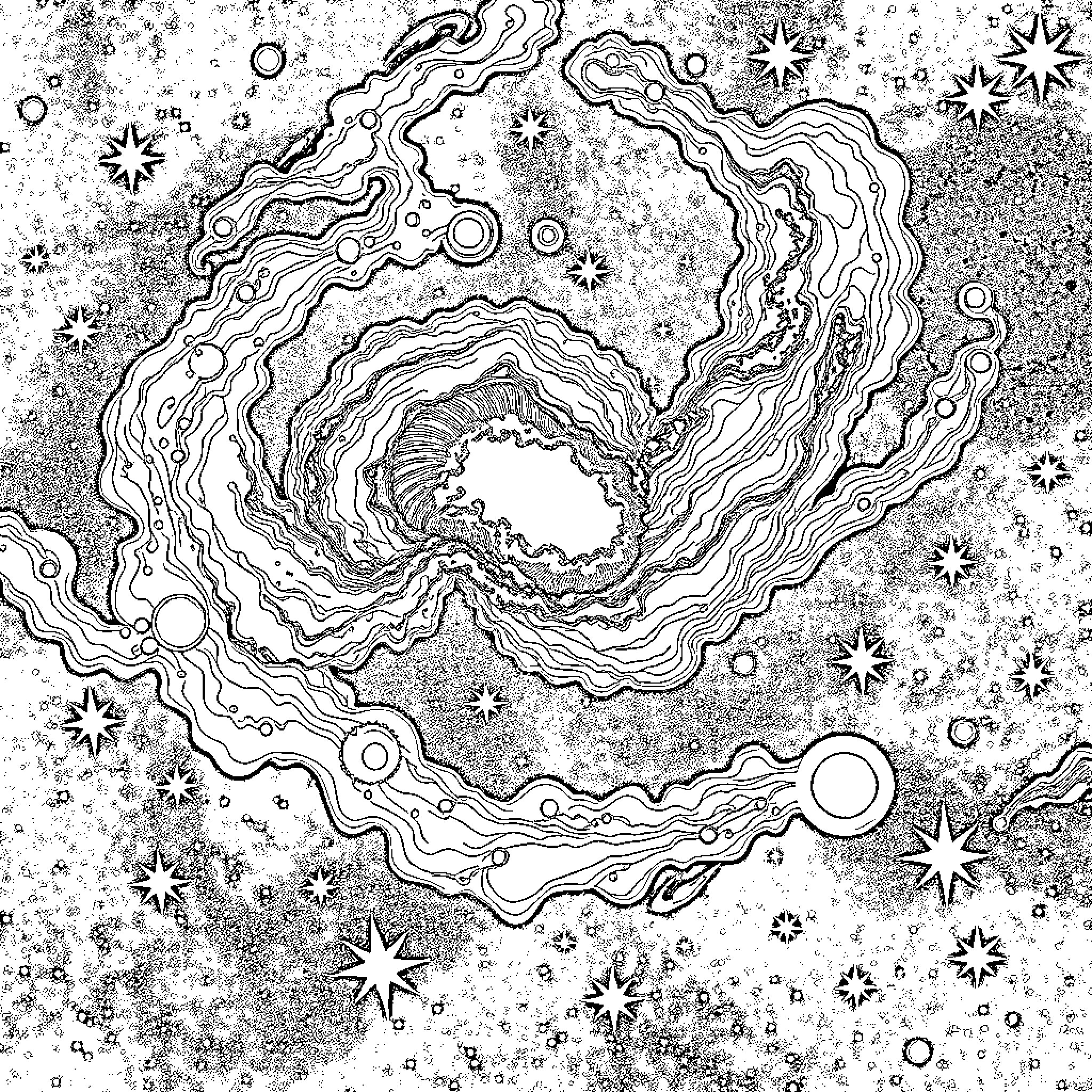 Galaxy of Cosmic Swirls and Celestial Specks Coloring Page (free black-and-white line drawing printable PDF for all, from beginners to advanced learners, including children, teens, adults, and seniors)