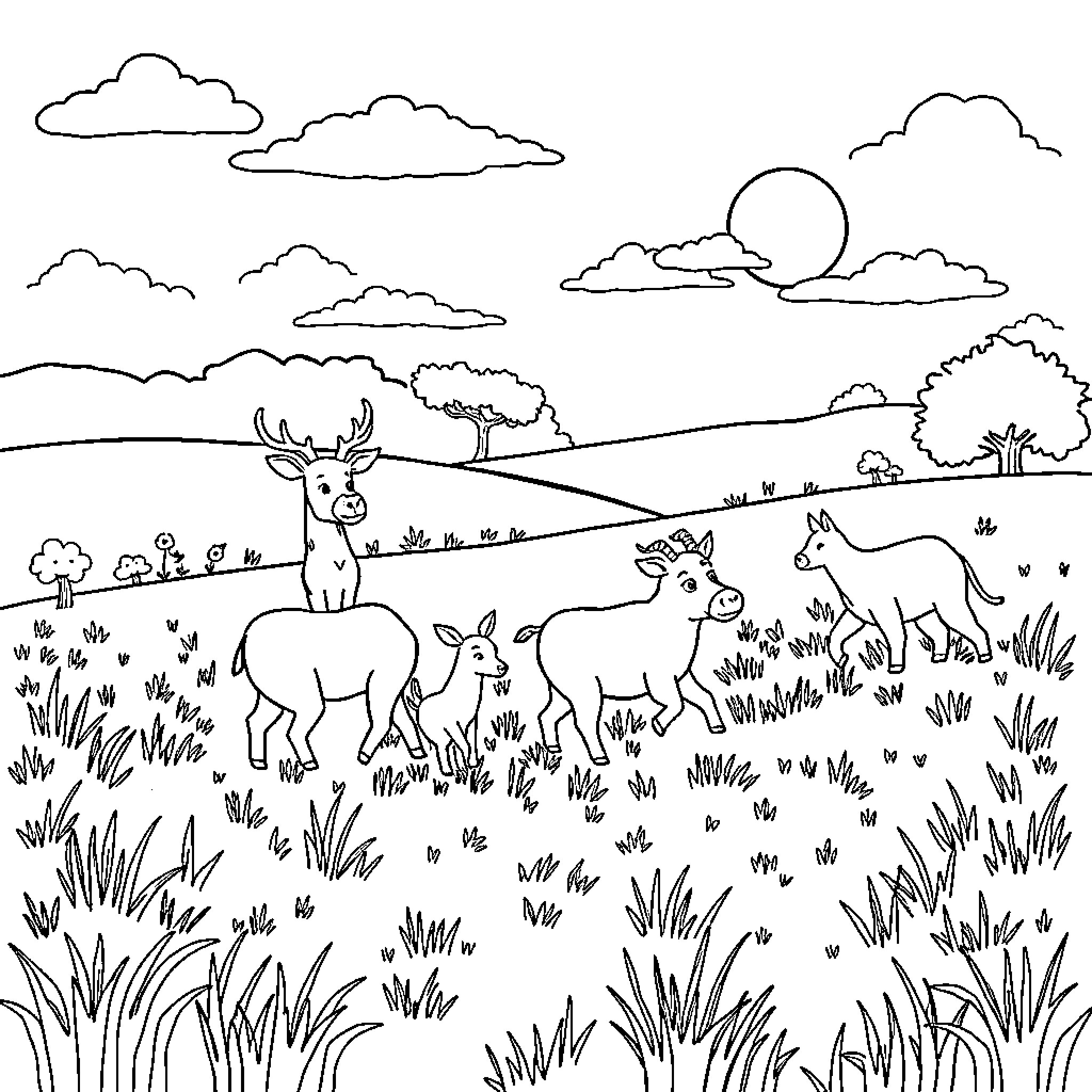 Animal silhouettes in natural landscape Coloring Page (free black-and-white line drawing printable PDF for all, from beginners to advanced learners, including children, teens, adults, and seniors)