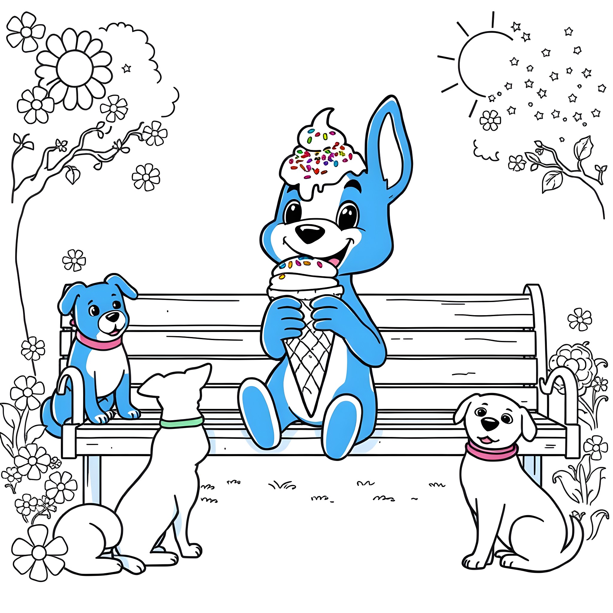 Bluey's Playful Park Outing with Furry Friends Coloring Page (free black-and-white line drawing printable PDF for all, from beginners to advanced learners, including children, teens, adults, and seniors)