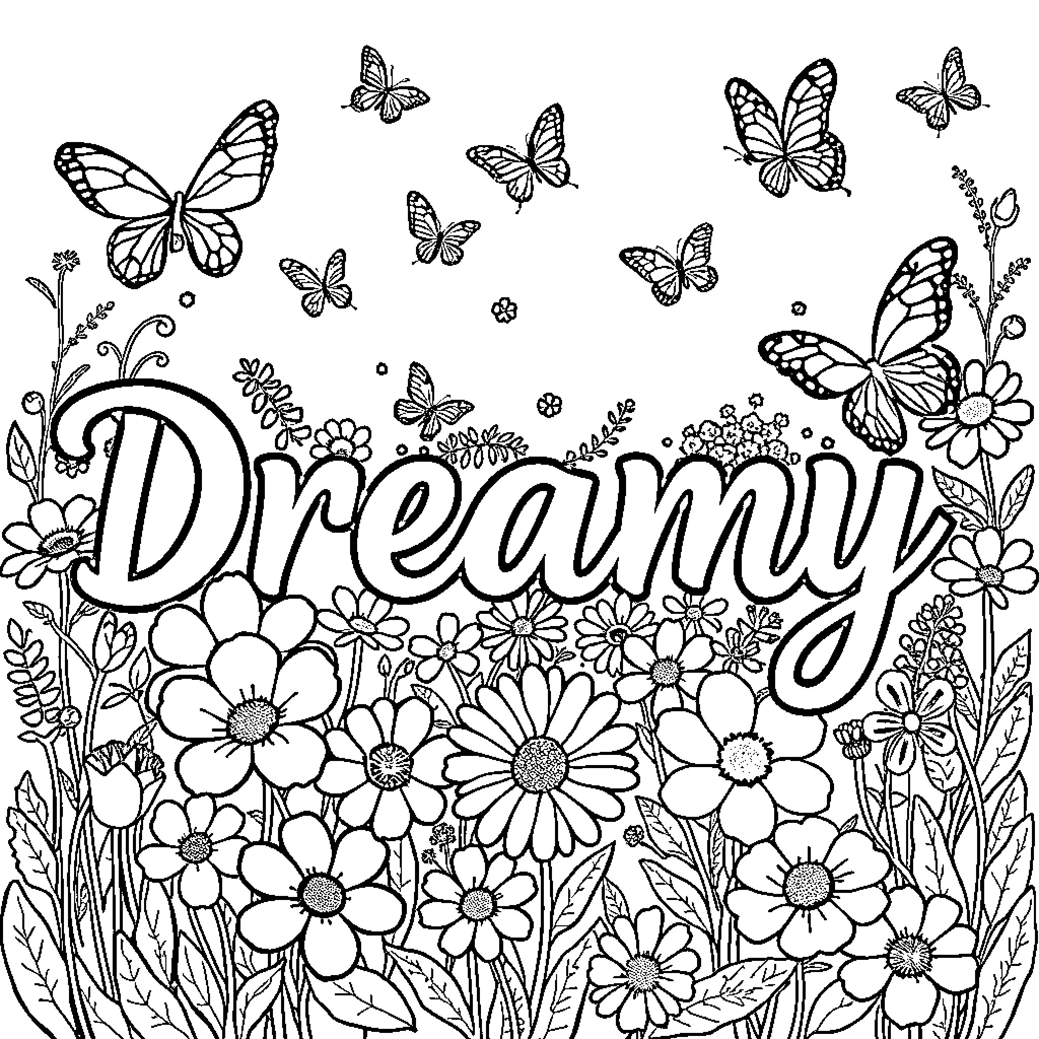 Dreamy butterflies and flowers in field Coloring Page (free black-and-white line drawing printable PDF for all, from beginners to advanced learners, including children, teens, adults, and seniors)