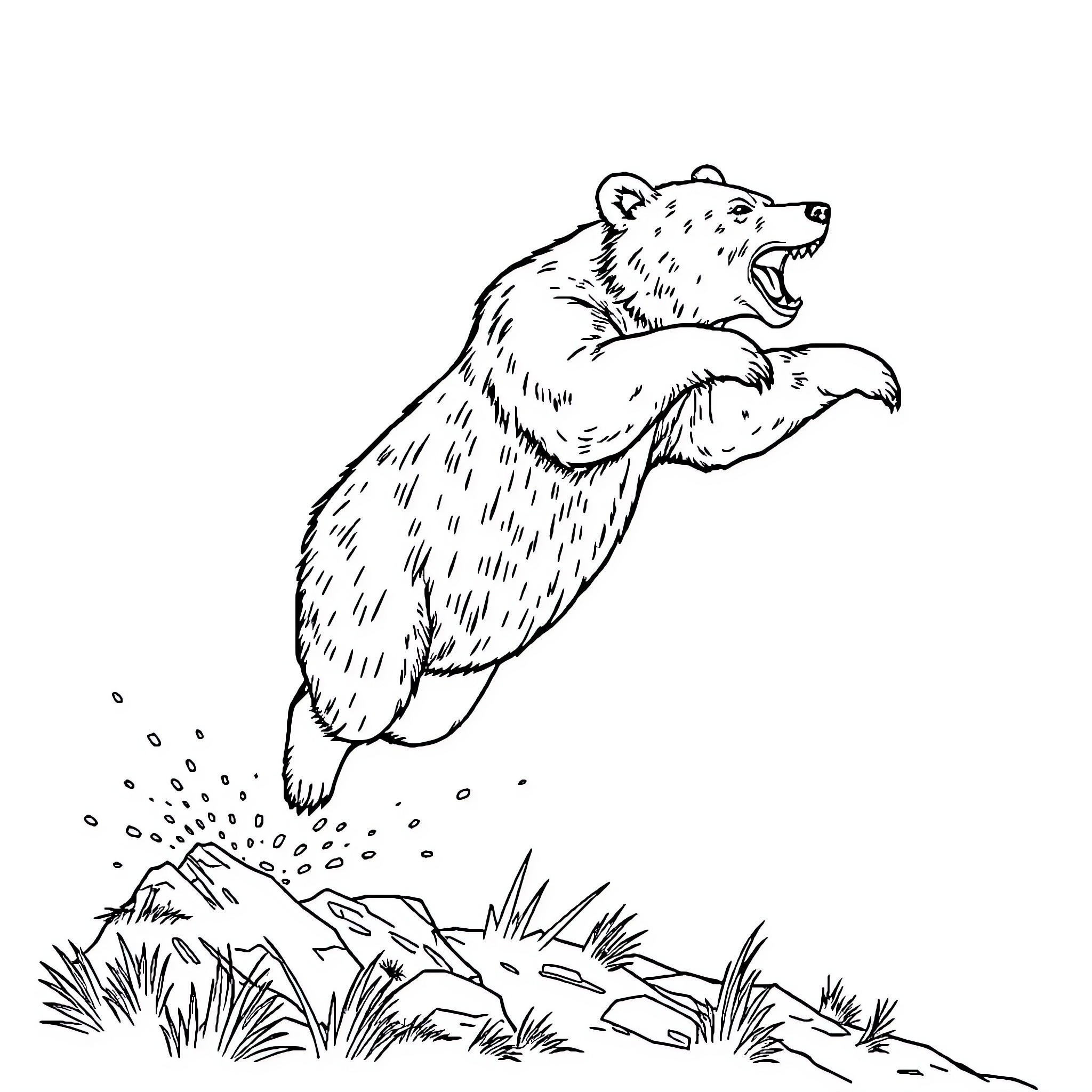 Bear Jumping Joyfully in the Wild Coloring Page (free black-and-white line drawing printable PDF for all, from beginners to advanced learners, including children, teens, adults, and seniors)