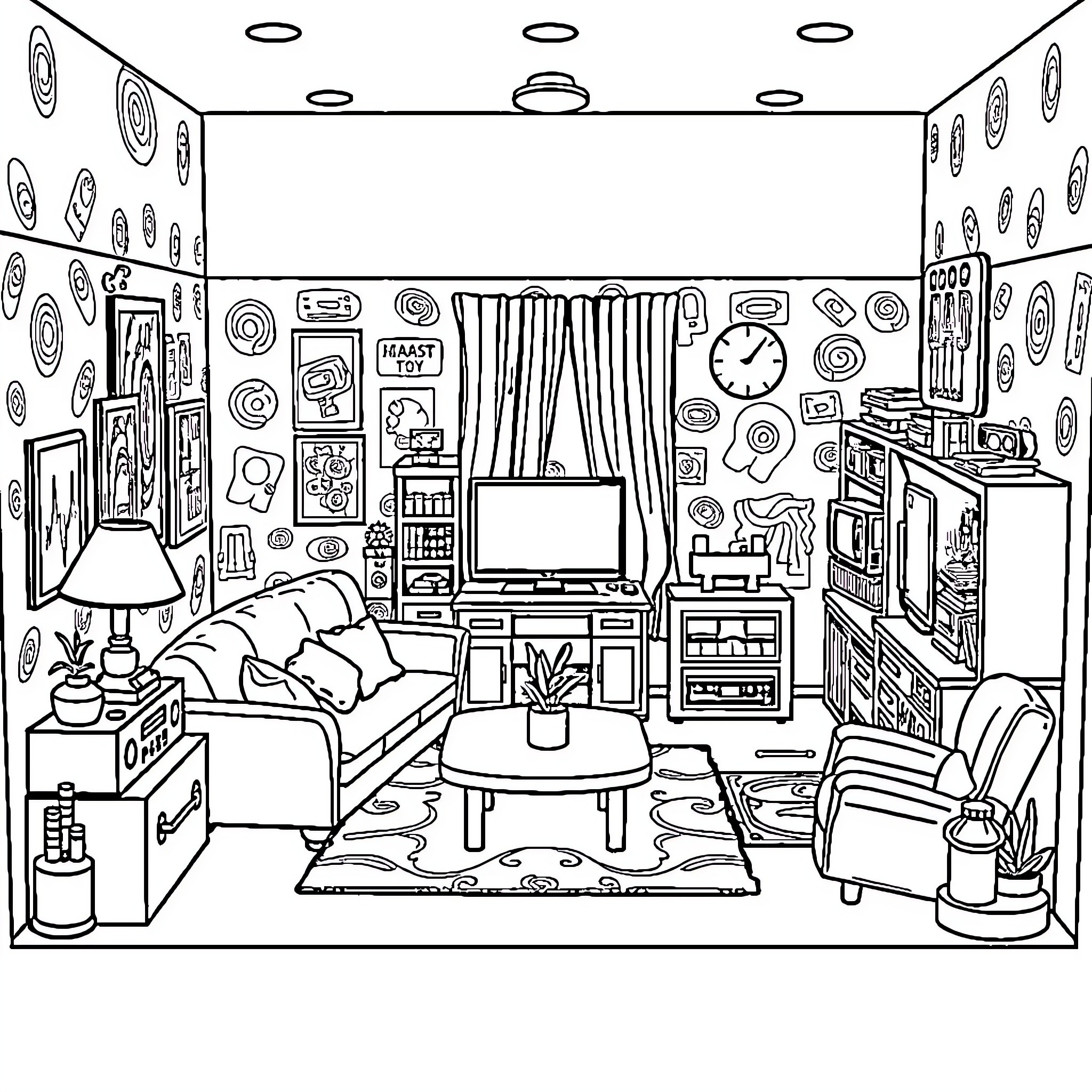 Dollhouse: Cozy and Cluttered Living Room Scene Coloring Page (free black-and-white line drawing printable PDF for all, from beginners to advanced learners, including children, teens, adults, and seniors)