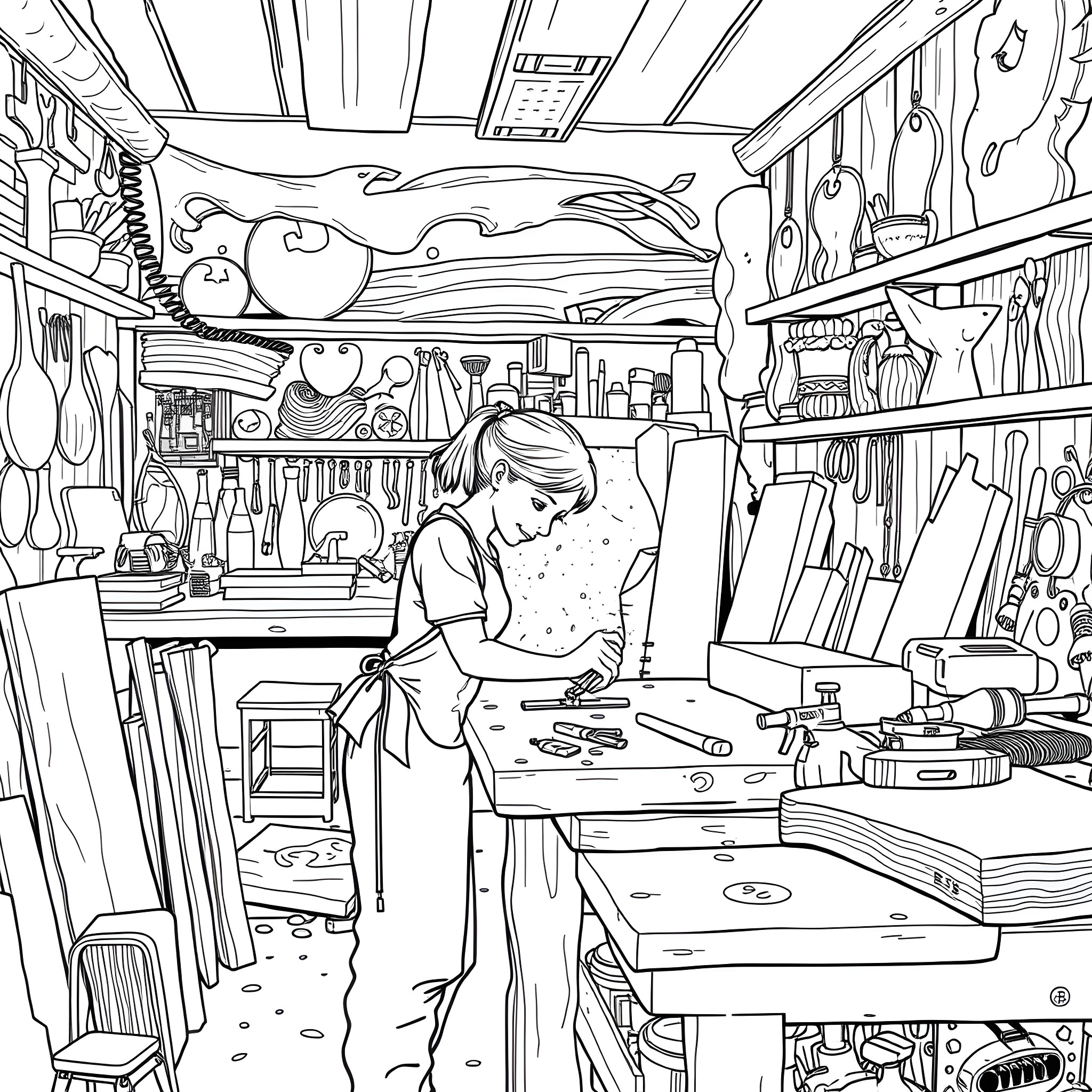 Woman working diligently in her cluttered art studio Coloring Page (free black-and-white line drawing printable PDF for all, from beginners to advanced learners, including children, teens, adults, and seniors)