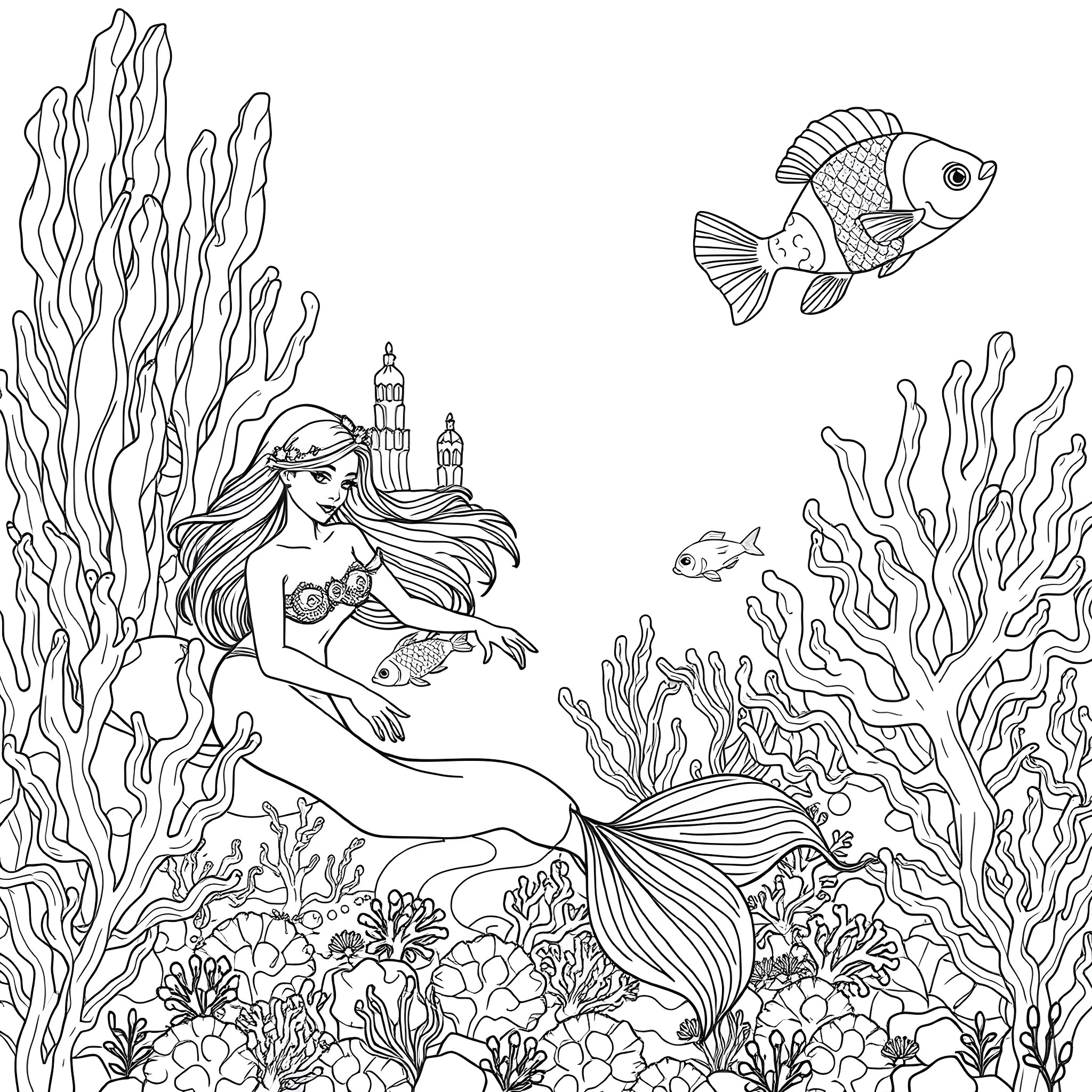 Mermaid relaxing in the underwater coral reef Coloring Page (free black-and-white line drawing printable PDF for all, from beginners to advanced learners, including children, teens, adults, and seniors)
