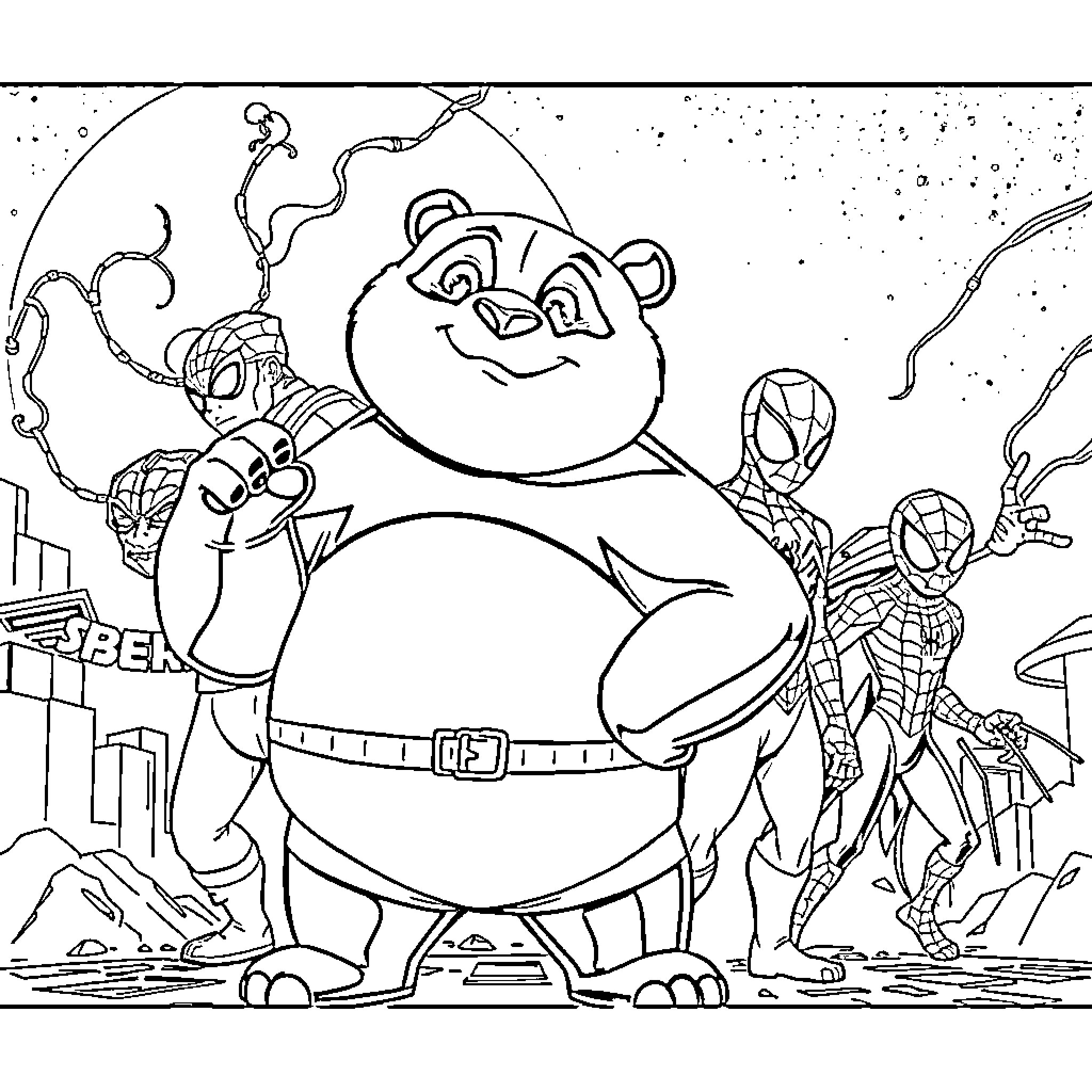 Panda and Superheroes Interact in Cityscape Coloring Page (free black-and-white line drawing printable PDF for all, from beginners to advanced learners, including children, teens, adults, and seniors)