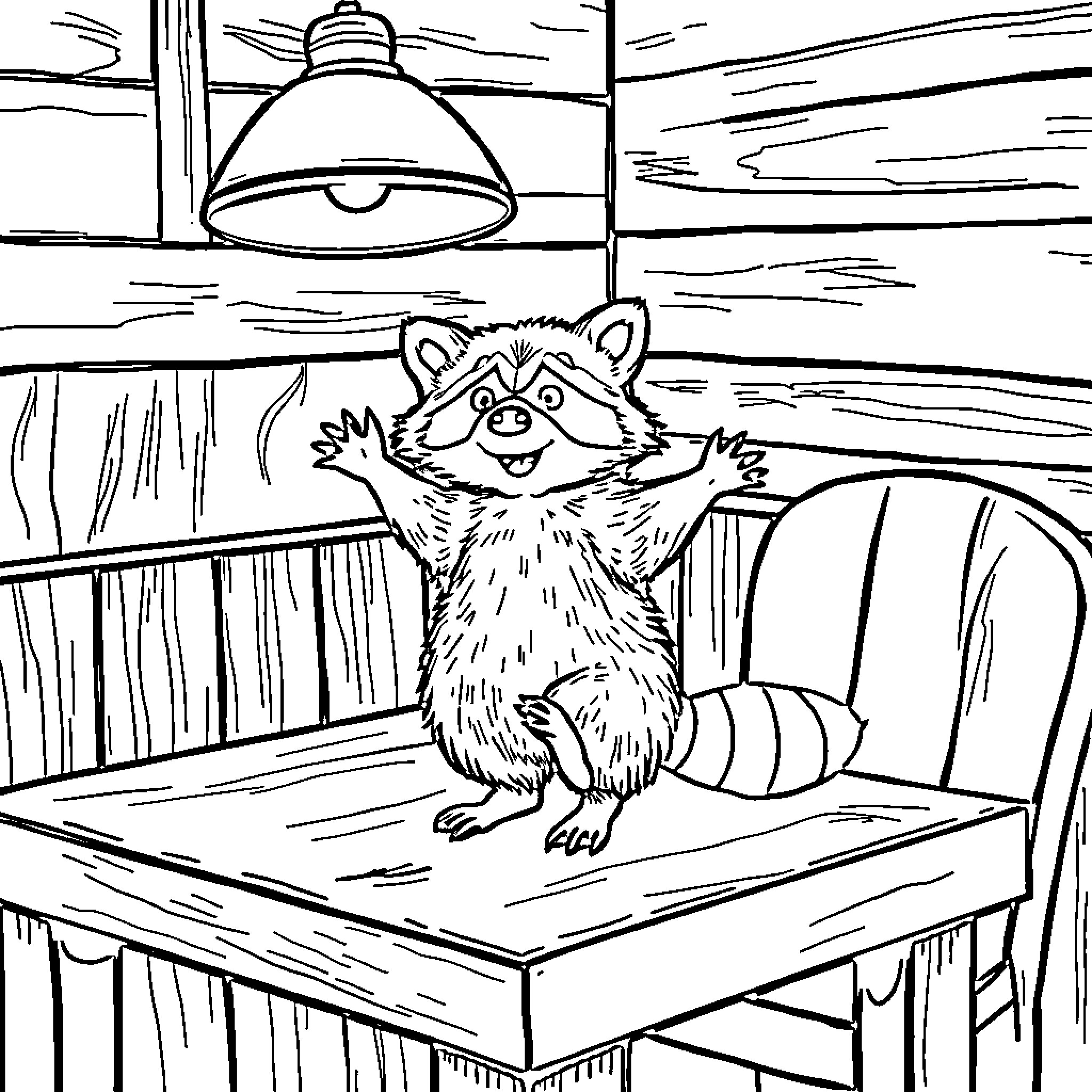 Raccoon enjoying a cozy cabin interior Coloring Page (free black-and-white line drawing printable PDF for all, from beginners to advanced learners, including children, teens, adults, and seniors)