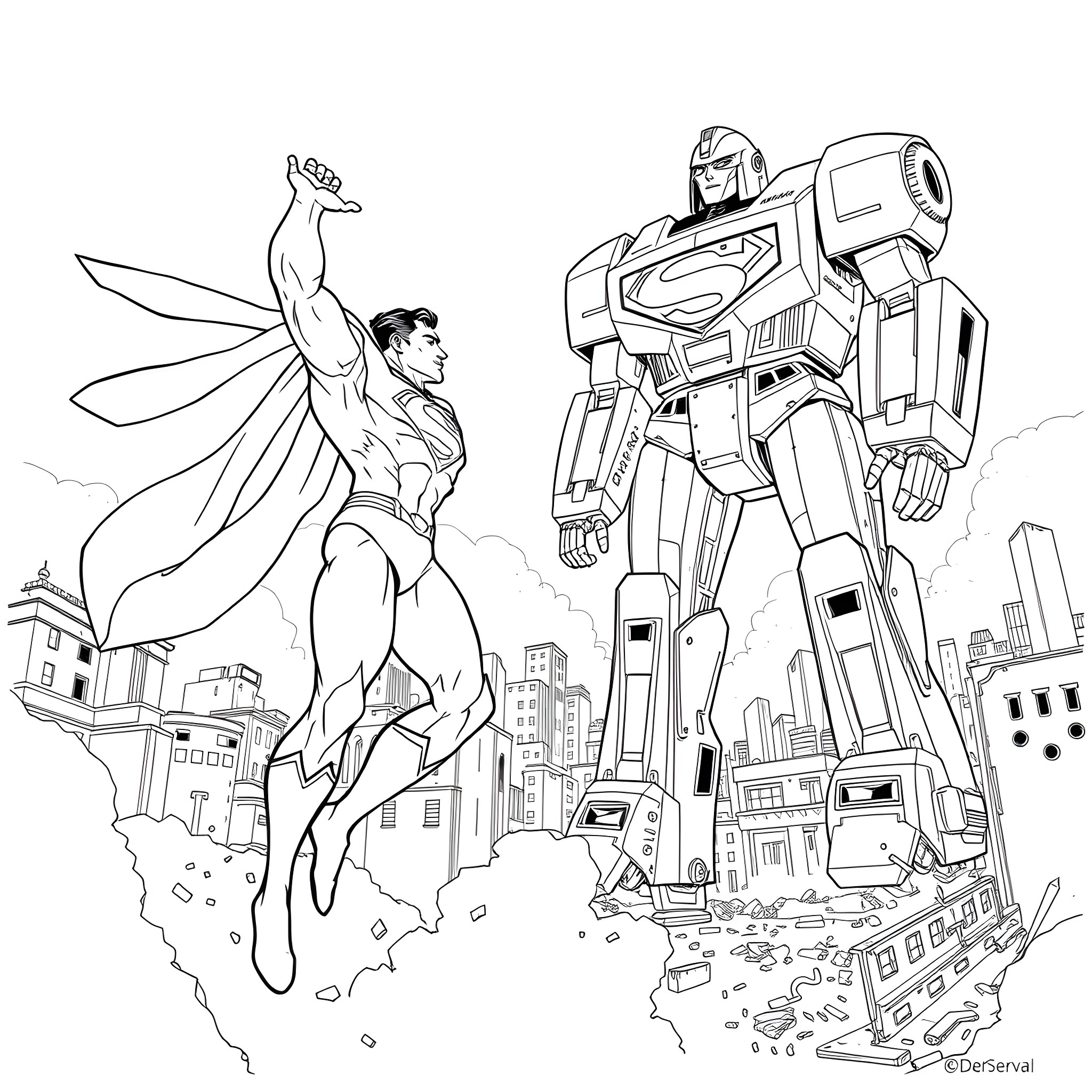 Superman and a Transformers-like Robot Battling in the City Coloring Page (free black-and-white line drawing printable PDF for all, from beginners to advanced learners, including children, teens, adults, and seniors)