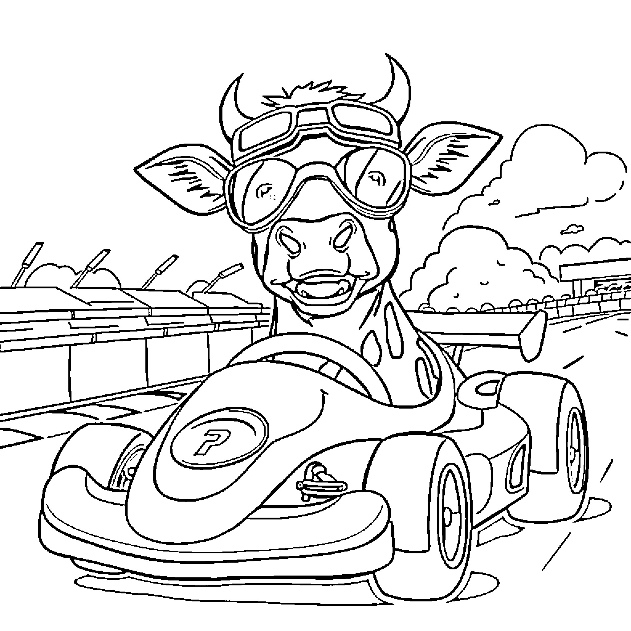 Cow driving a racing car in the countryside Coloring Page (free black-and-white line drawing printable PDF for all, from beginners to advanced learners, including children, teens, adults, and seniors)
