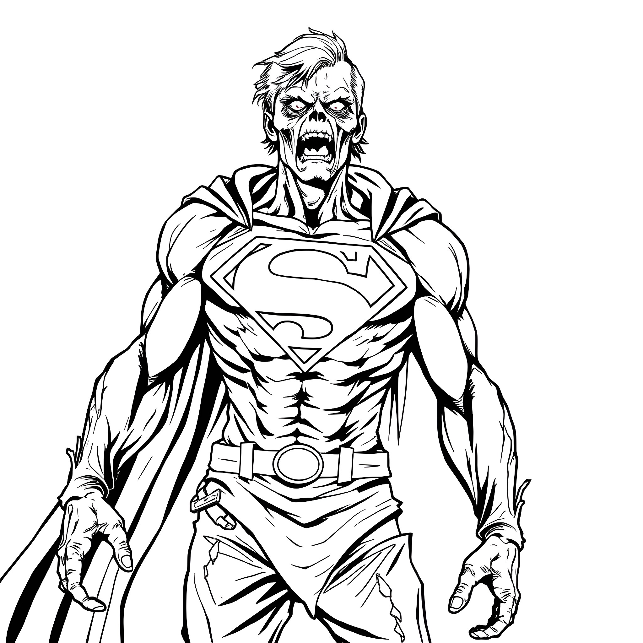 Zombie Superman Terrorizing the City Coloring Page (free black-and-white line drawing printable PDF for all, from beginners to advanced learners, including children, teens, adults, and seniors)
