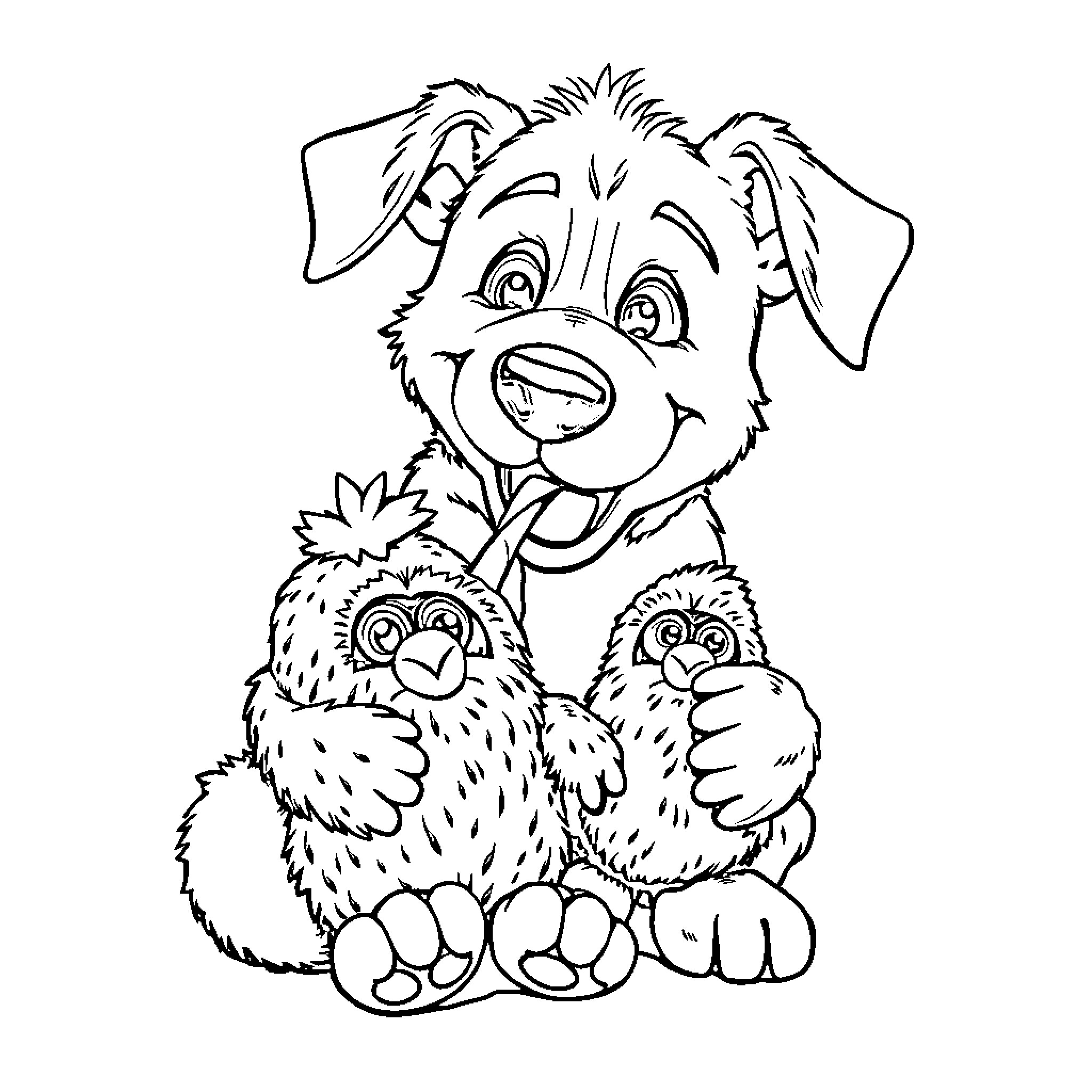 Dogman with cute animal companions Coloring Page (free black-and-white line drawing printable PDF for all, from beginners to advanced learners, including children, teens, adults, and seniors)