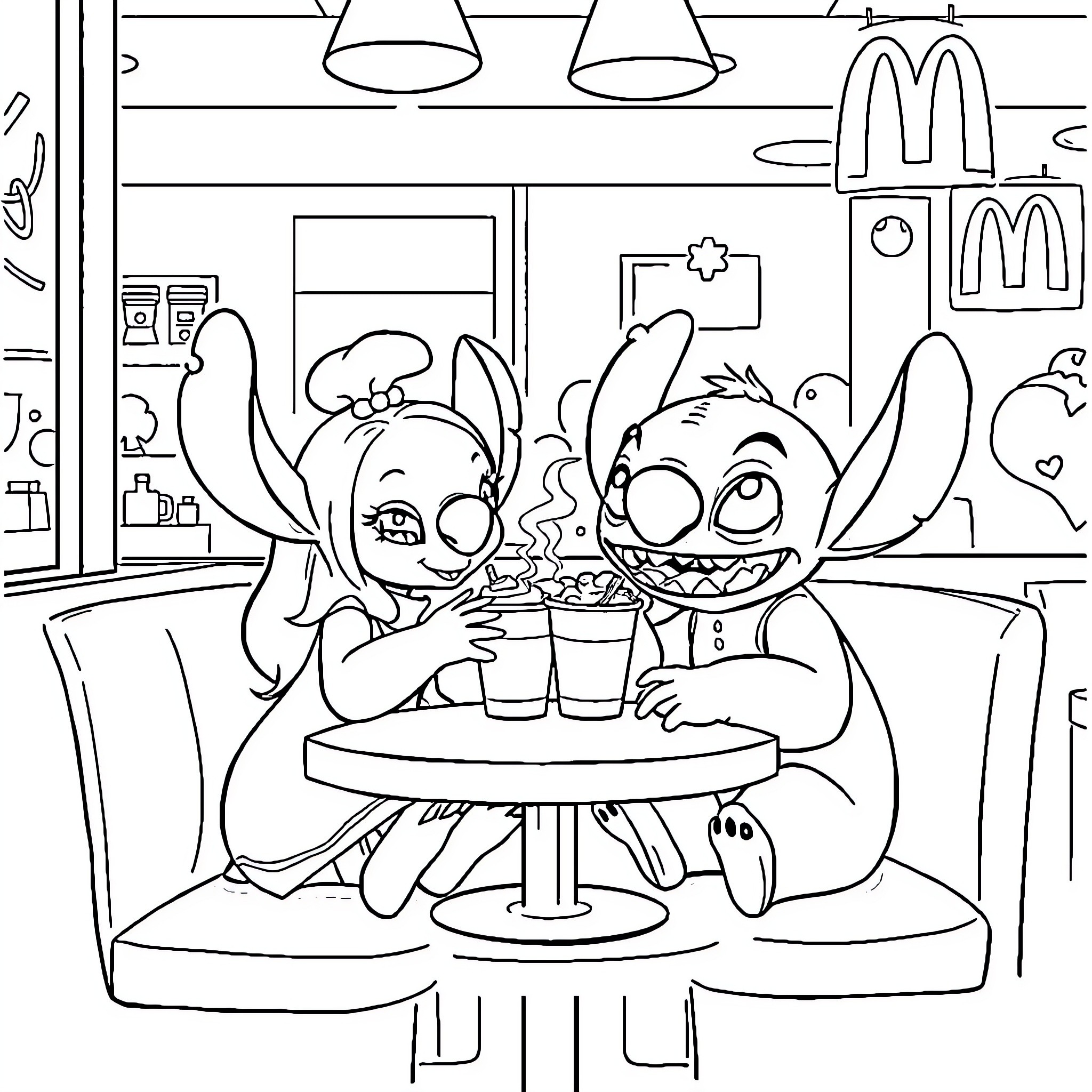 Lilo and Stitch enjoying a treat at McDonald's Coloring Page (free black-and-white line drawing printable PDF for all, from beginners to advanced learners, including children, teens, adults, and seniors)