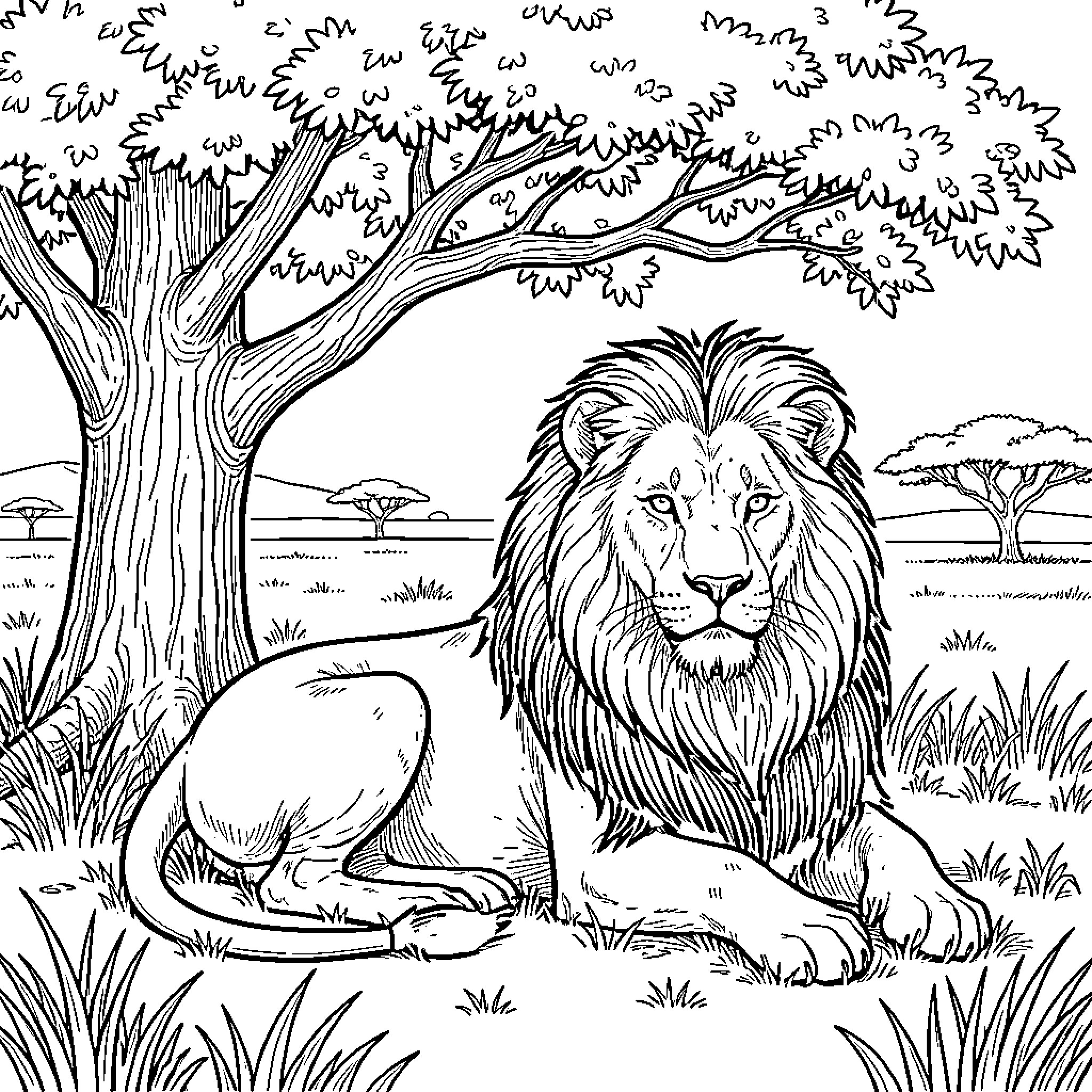 Lion resting peacefully in the African wilderness Coloring Page (free black-and-white line drawing printable PDF for all, from beginners to advanced learners, including children, teens, adults, and seniors)