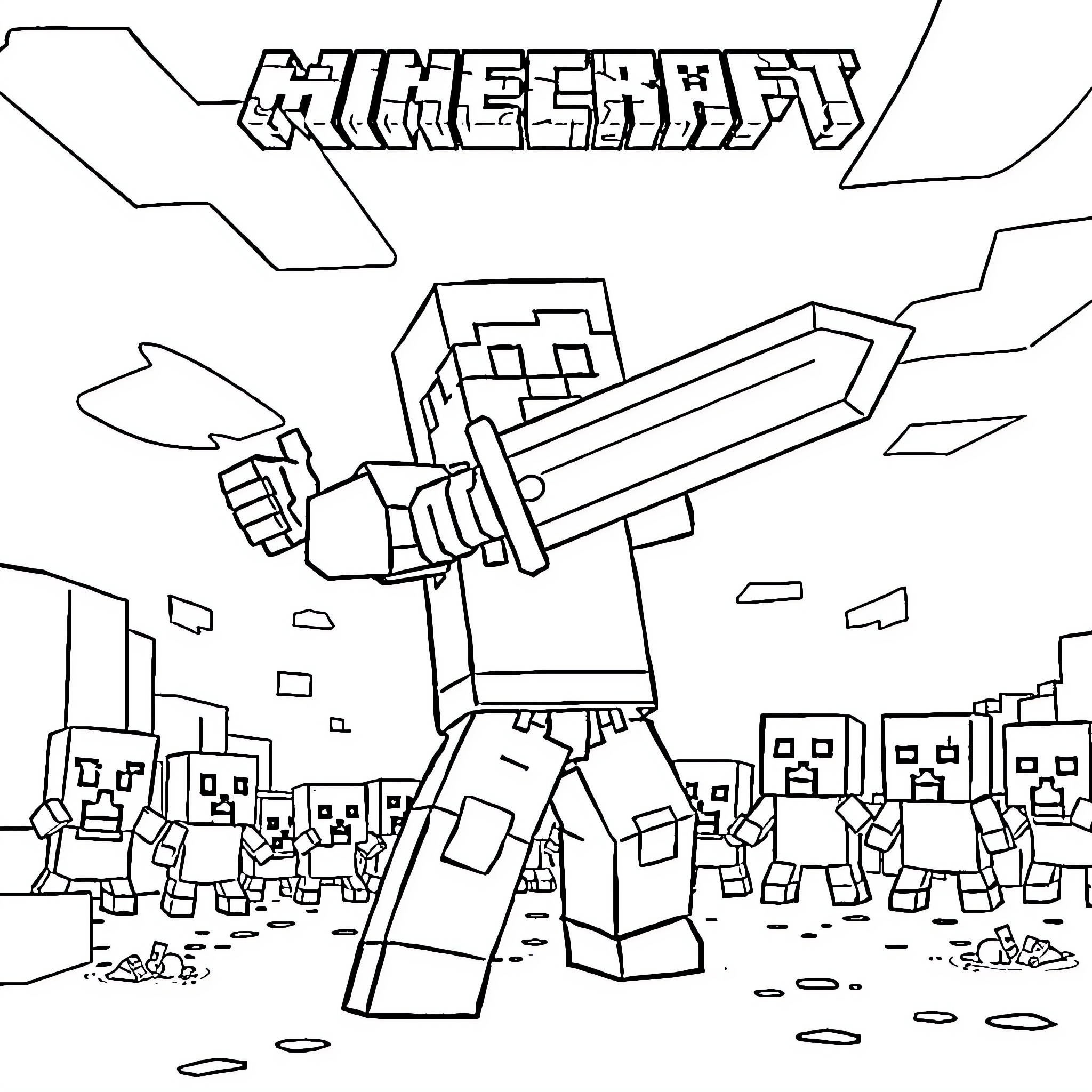 Steve holding sword and surrounded by Minecraft characters Coloring Page (free black-and-white line drawing printable PDF for all, from beginners to advanced learners, including children, teens, adults, and seniors)
