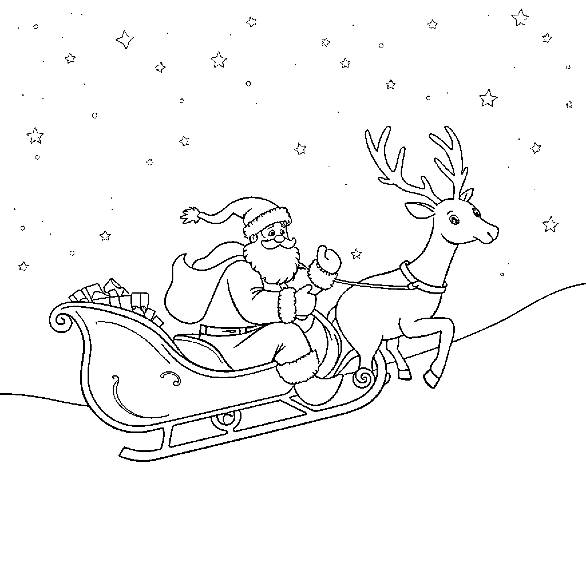 Santa riding his sleigh with reindeer Coloring Page (free black-and-white line drawing printable PDF for all, from beginners to advanced learners, including children, teens, adults, and seniors)