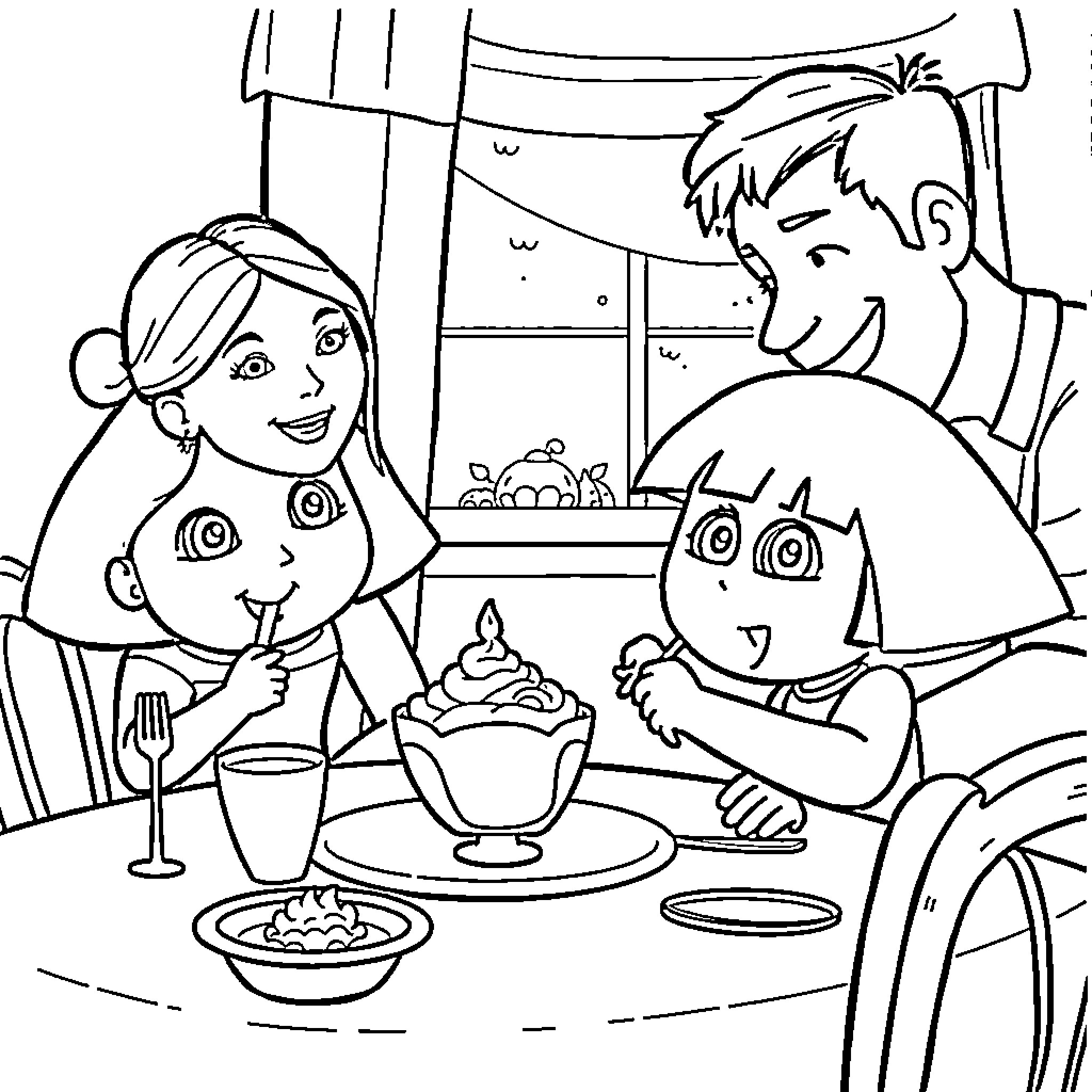 Dora's Family Enjoying a Dessert Together Coloring Page (free black-and-white line drawing printable PDF for all, from beginners to advanced learners, including children, teens, adults, and seniors)